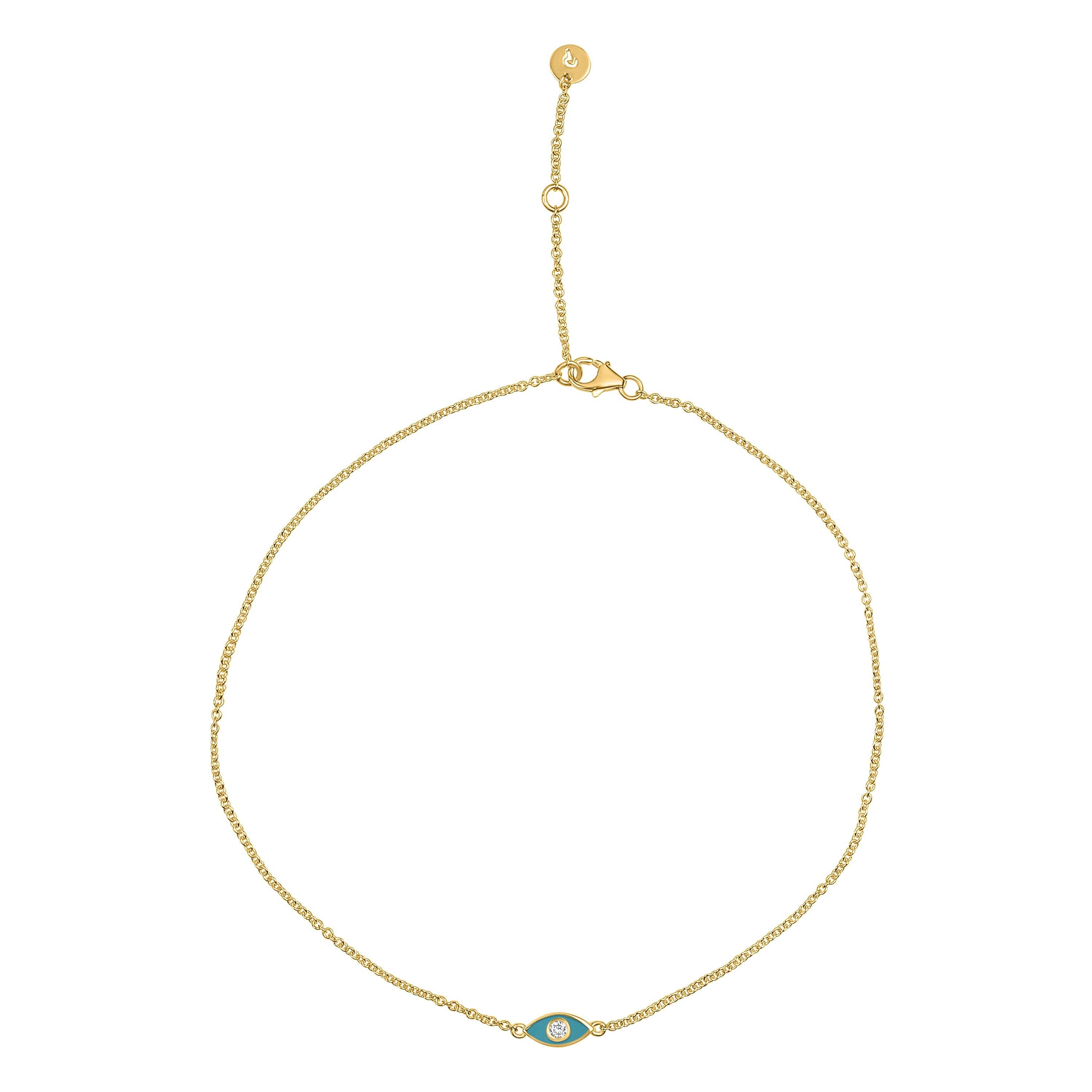 Diamond Turquoise Enamel Eye Anklet in 14K Yellow Gold, Shlomit Rogel For Sale