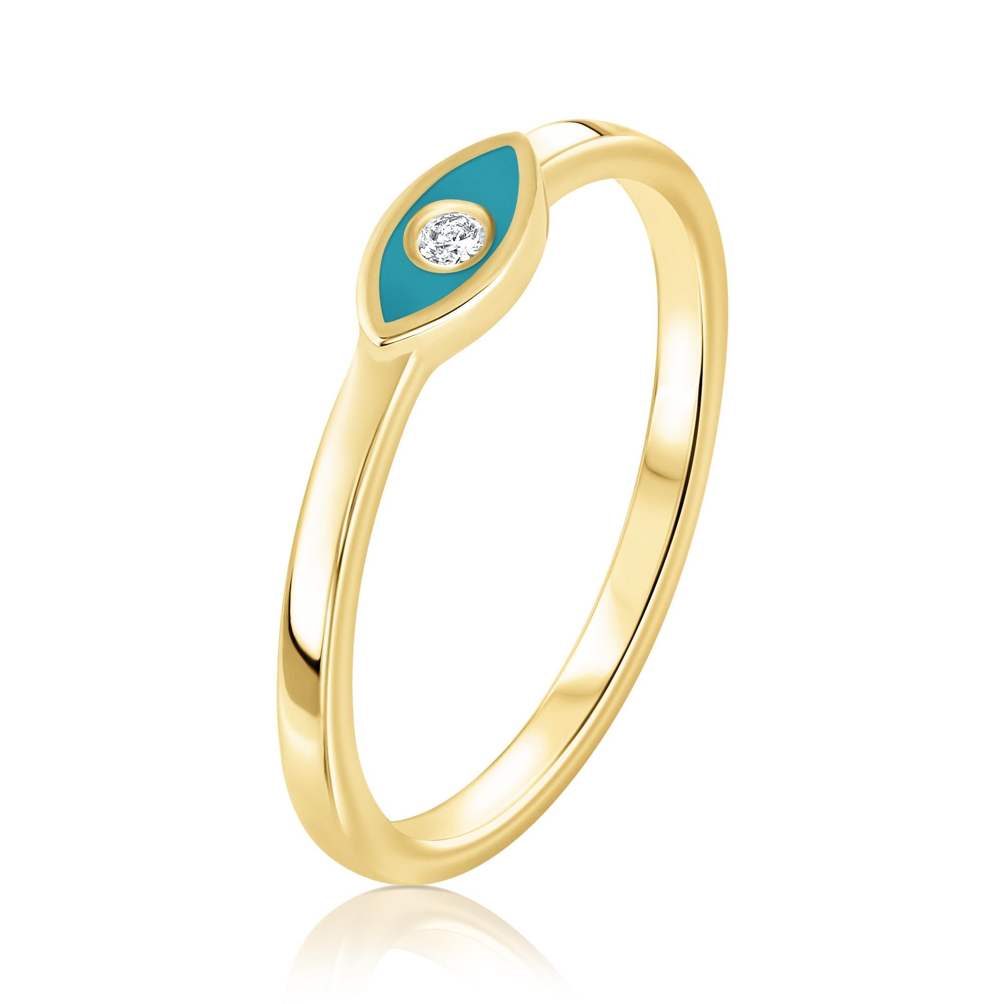 For Sale:  Diamond Turquoise Enamel Eye Ring in 14 Karat Yellow Gold, Shlomit Rogel 2