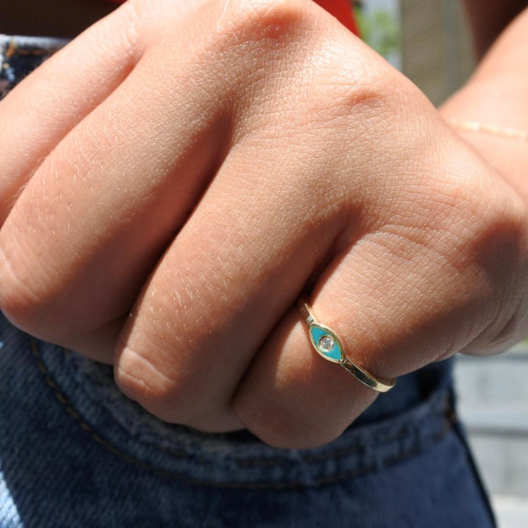 For Sale:  Diamond Turquoise Enamel Eye Ring in 14 Karat Yellow Gold, Shlomit Rogel 5