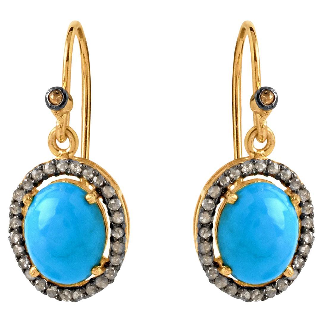 0.45cts Diamond & 3.77cts Turquoise Gold and  925 sterling Silver Earring