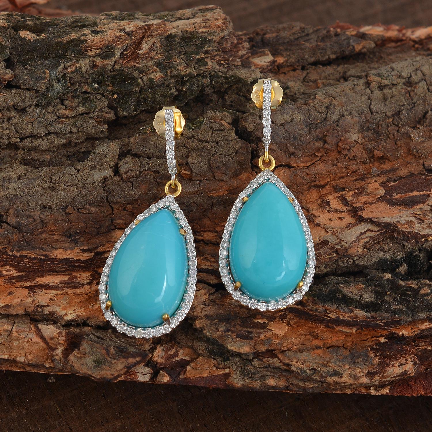 14k gold 0.55cts Diamond & 14.37cts Turquoise Earring In New Condition In jaipur, IN