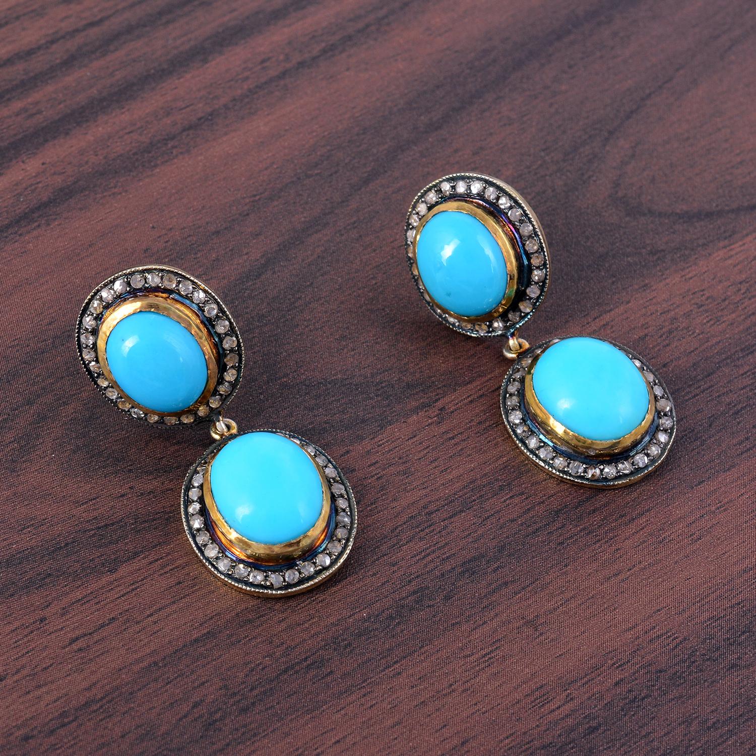 0.92cts Diamond & 10.80cts Turquoise Gold 925 sterling Silver Earring In New Condition In jaipur, IN