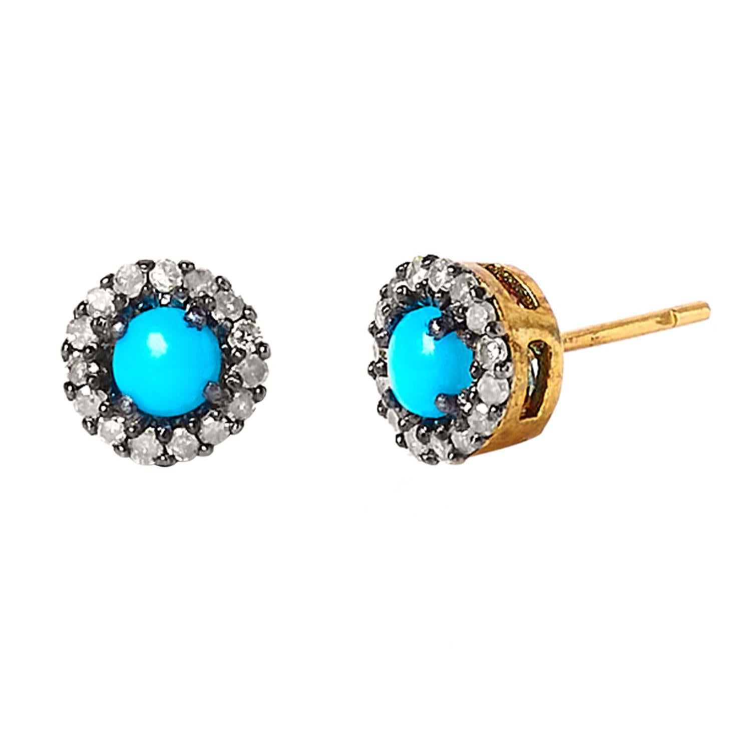 0.27cts Diamond & 0.62cts Turquoise Gold 925 sterling Silver Earring In New Condition In jaipur, IN