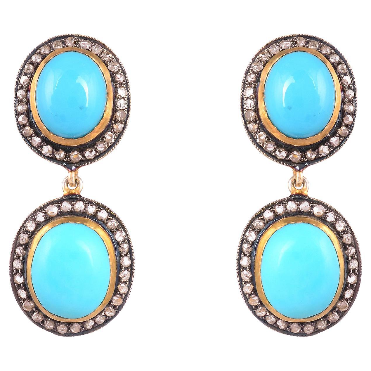 0.92cts Diamond & 10.80cts Turquoise Gold 925 sterling Silver Earring