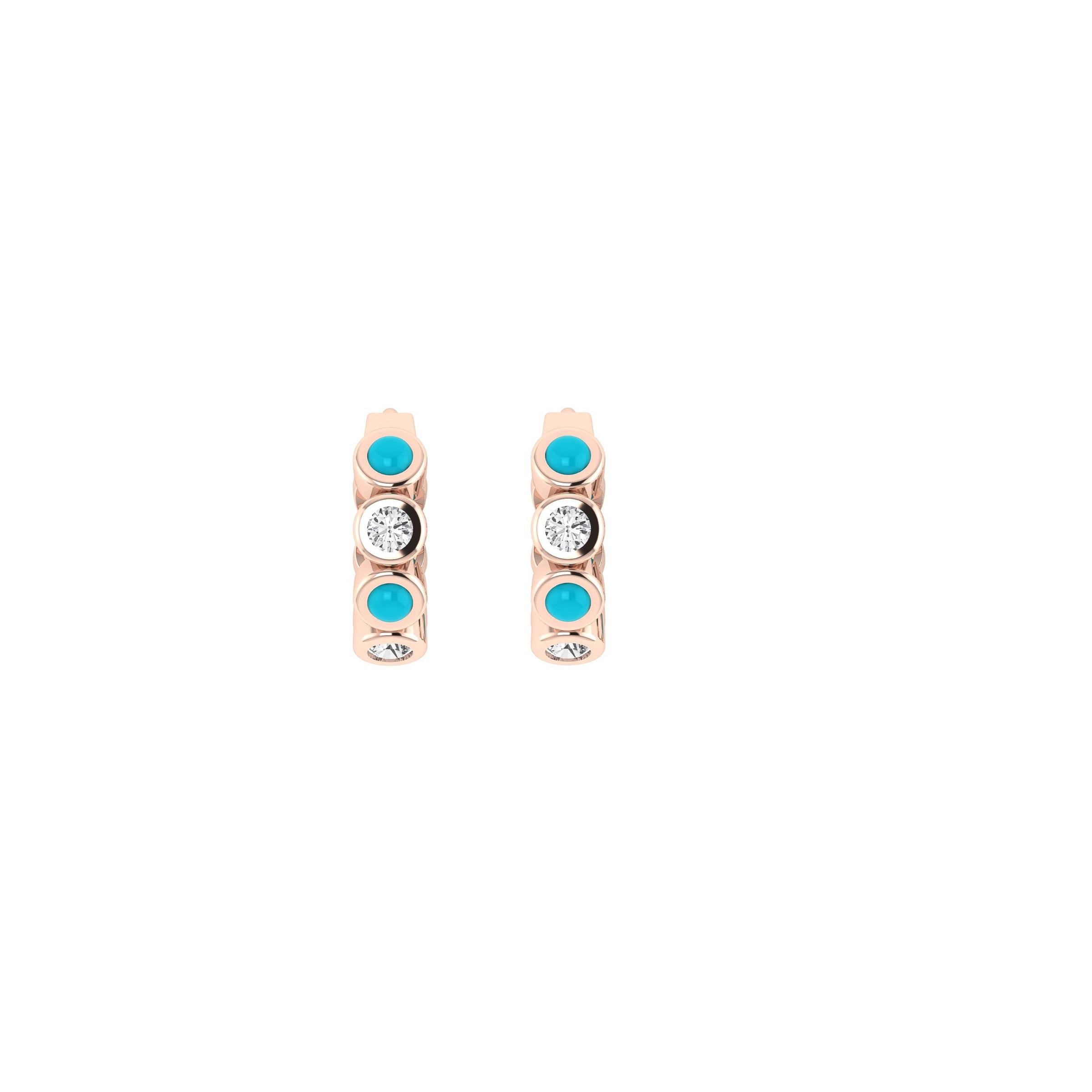 Modern Diamond & Turquoise Huggies in 18 Karat Rose Gold For Sale