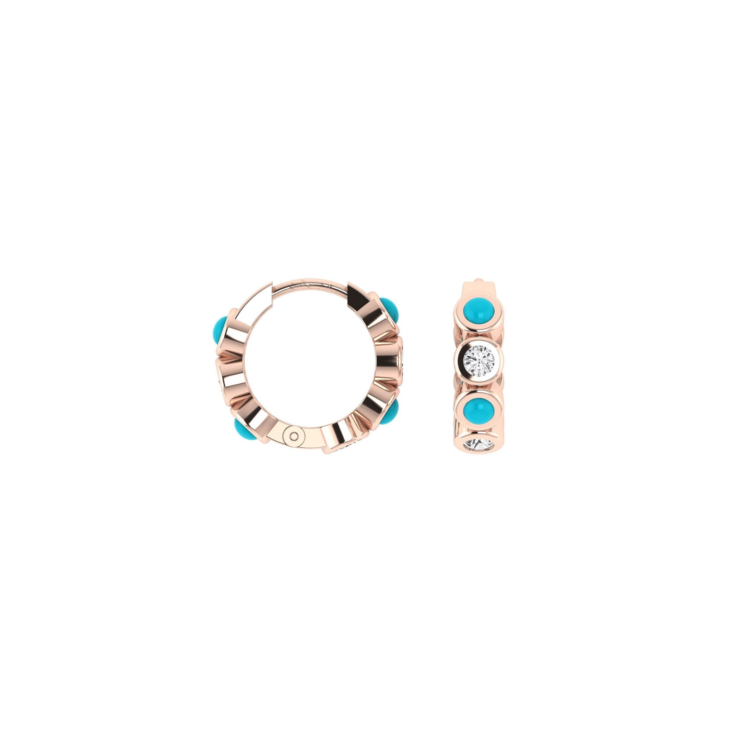 Round Cut Diamond & Turquoise Huggies in 18 Karat Rose Gold For Sale