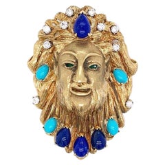 Diamond Turquoise Lapis Gold Brooch-Pendant