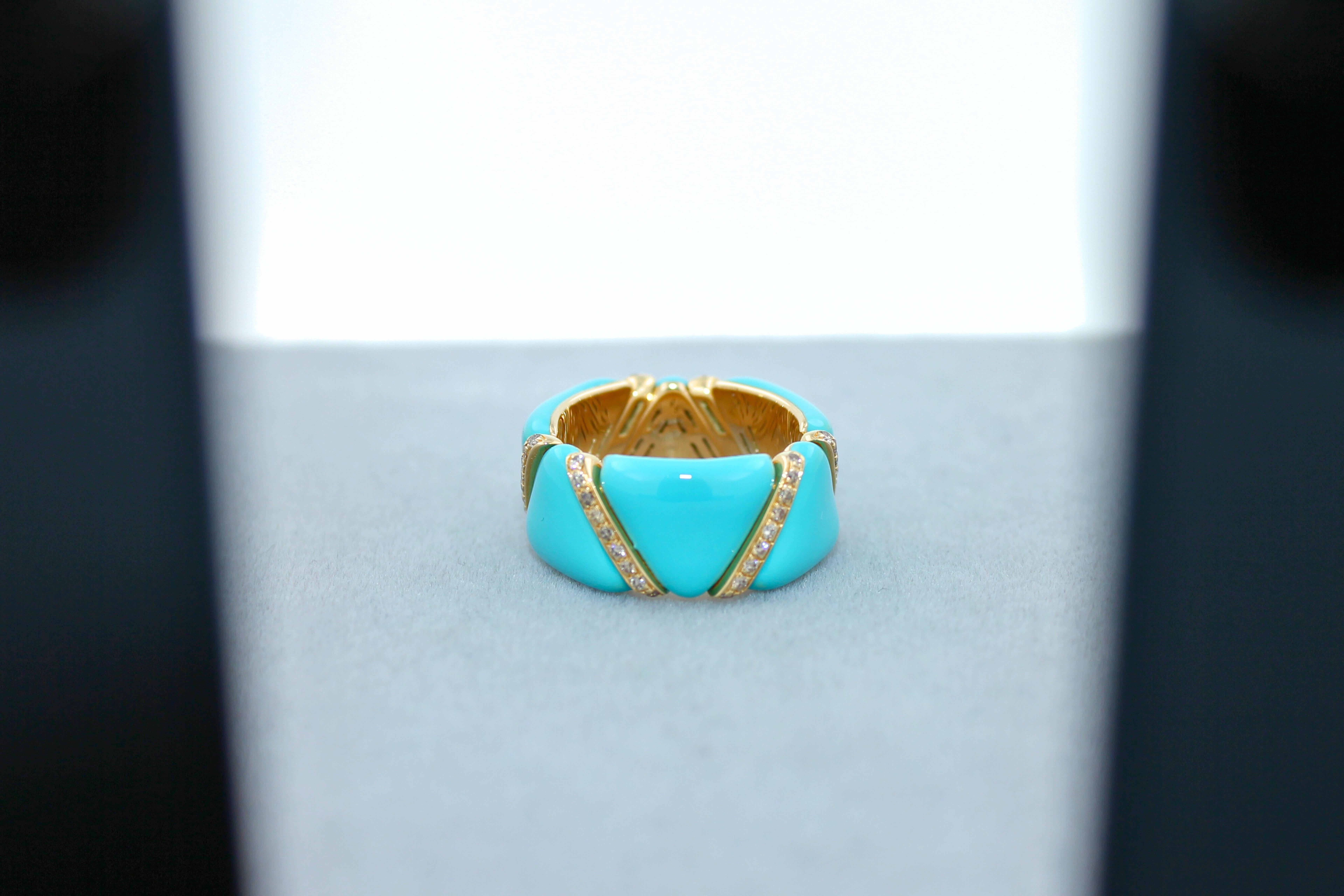 Brilliant Cut Diamond Turquoise Light Blue Enamel Eternity Band Unique Stretch 18K Gold Ring For Sale