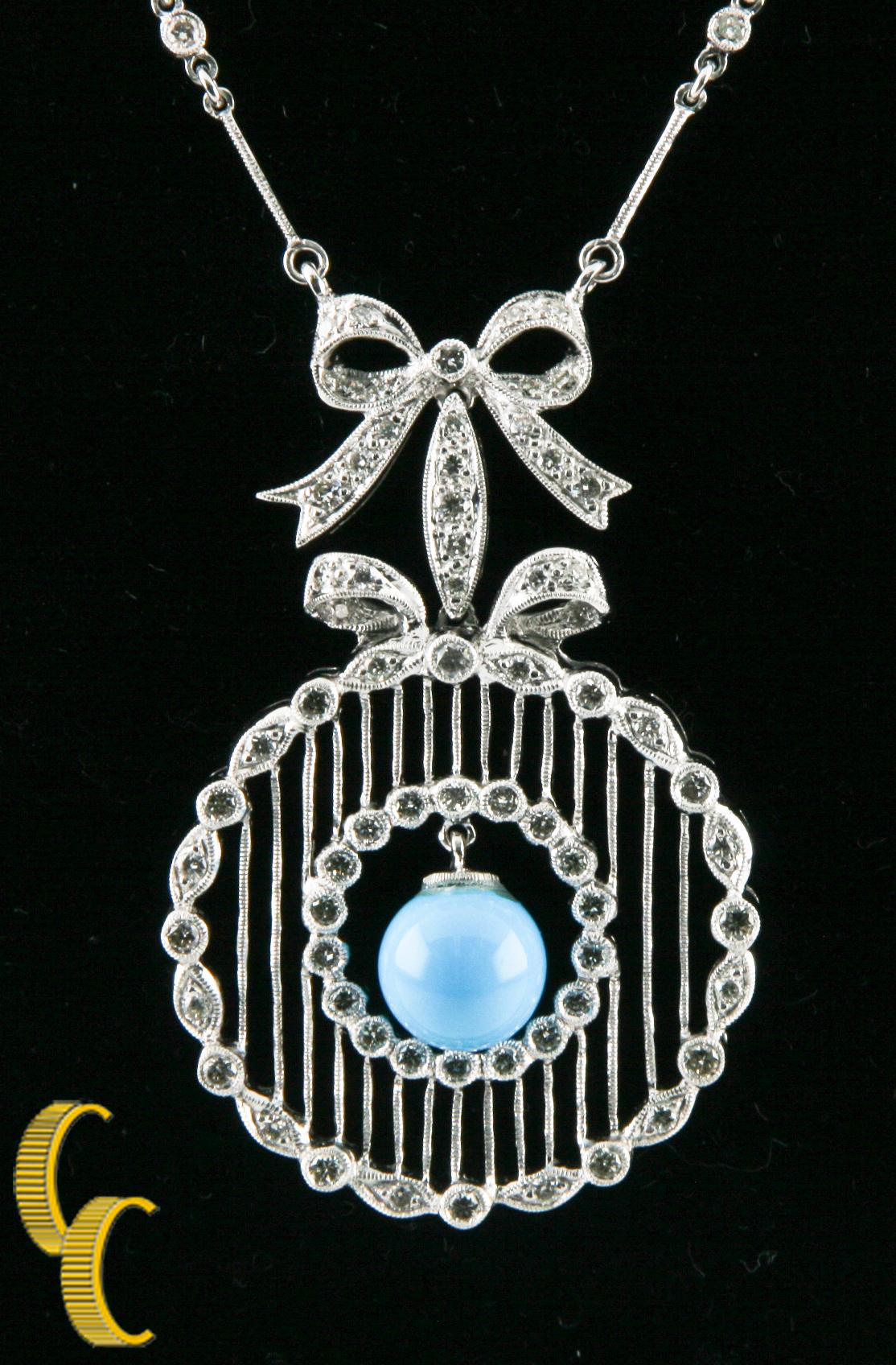 Round Cut Diamond and Turquoise Necklace with Ribbon Bow Design Set in 18 Karat White Gold For Sale
