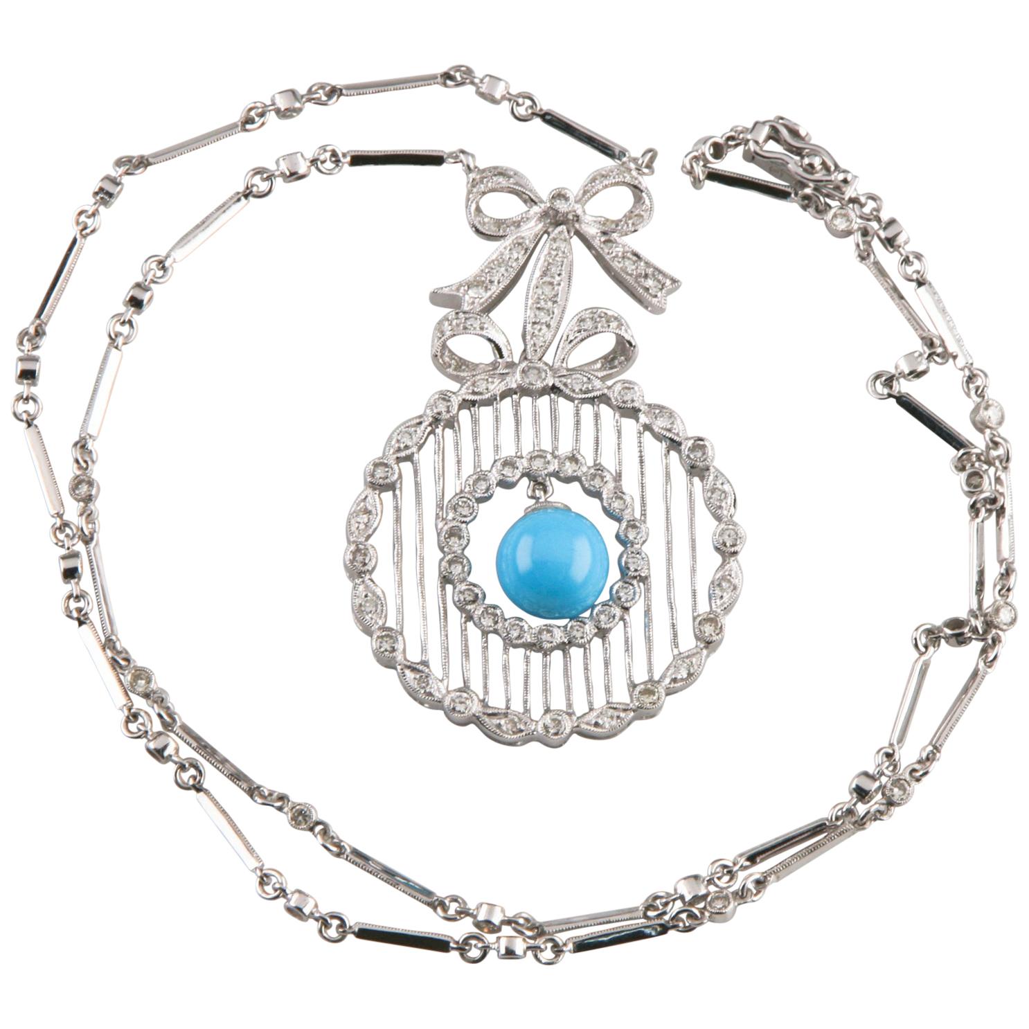 Diamond and Turquoise Necklace with Ribbon Bow Design Set in 18 Karat White Gold For Sale