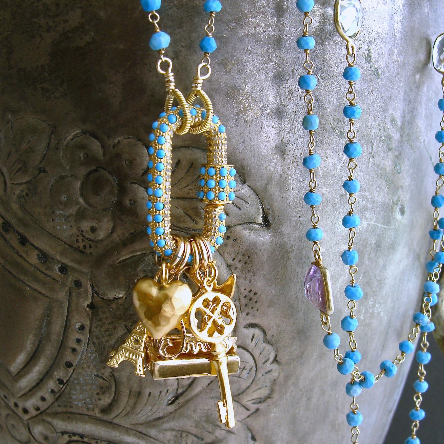 Victorian Diamond Turquoise Pave Lock Intaglio Fob Necklace, Serrures D'Amour Necklace