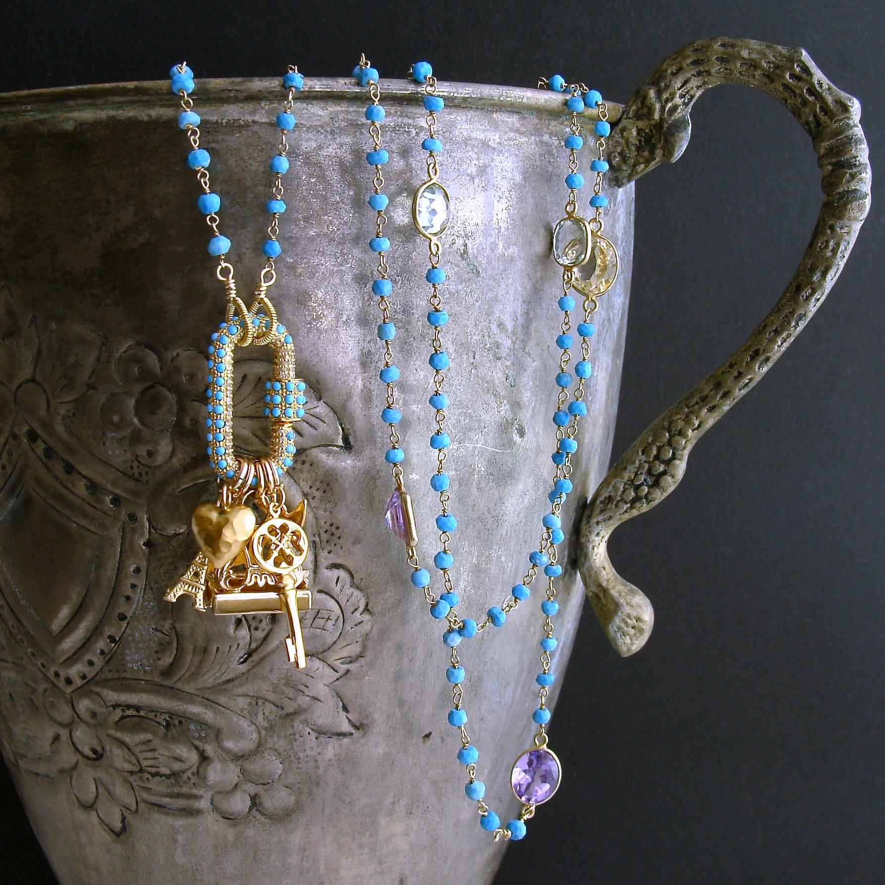 Women's or Men's Diamond Turquoise Pave Lock Intaglio Fob Necklace, Serrures D'Amour Necklace