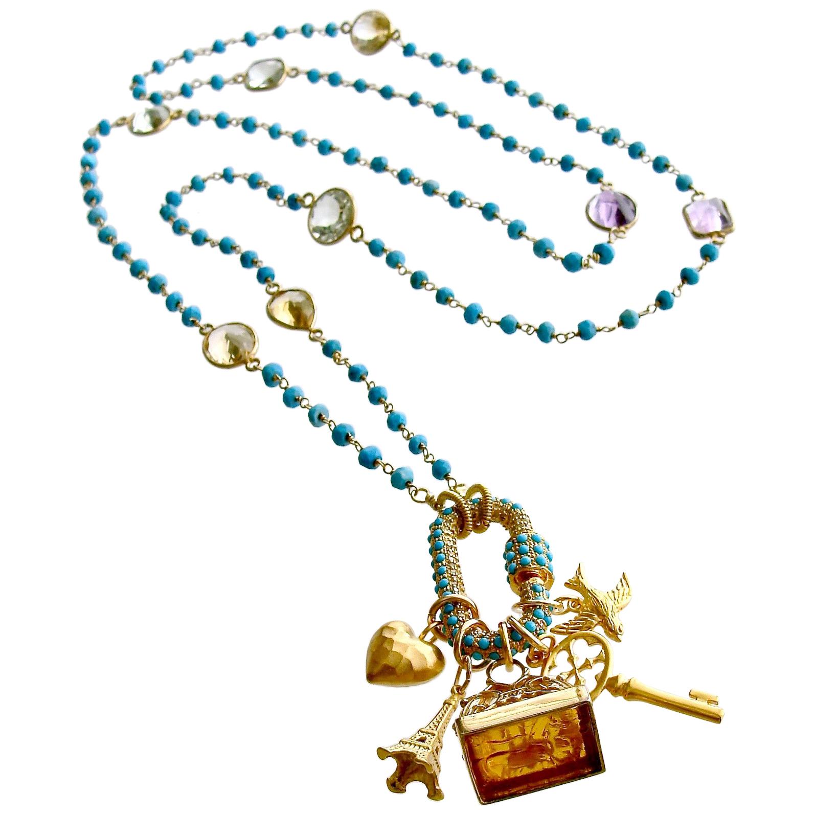 Diamond Turquoise Pave Lock Intaglio Fob Necklace, Serrures D'Amour Necklace