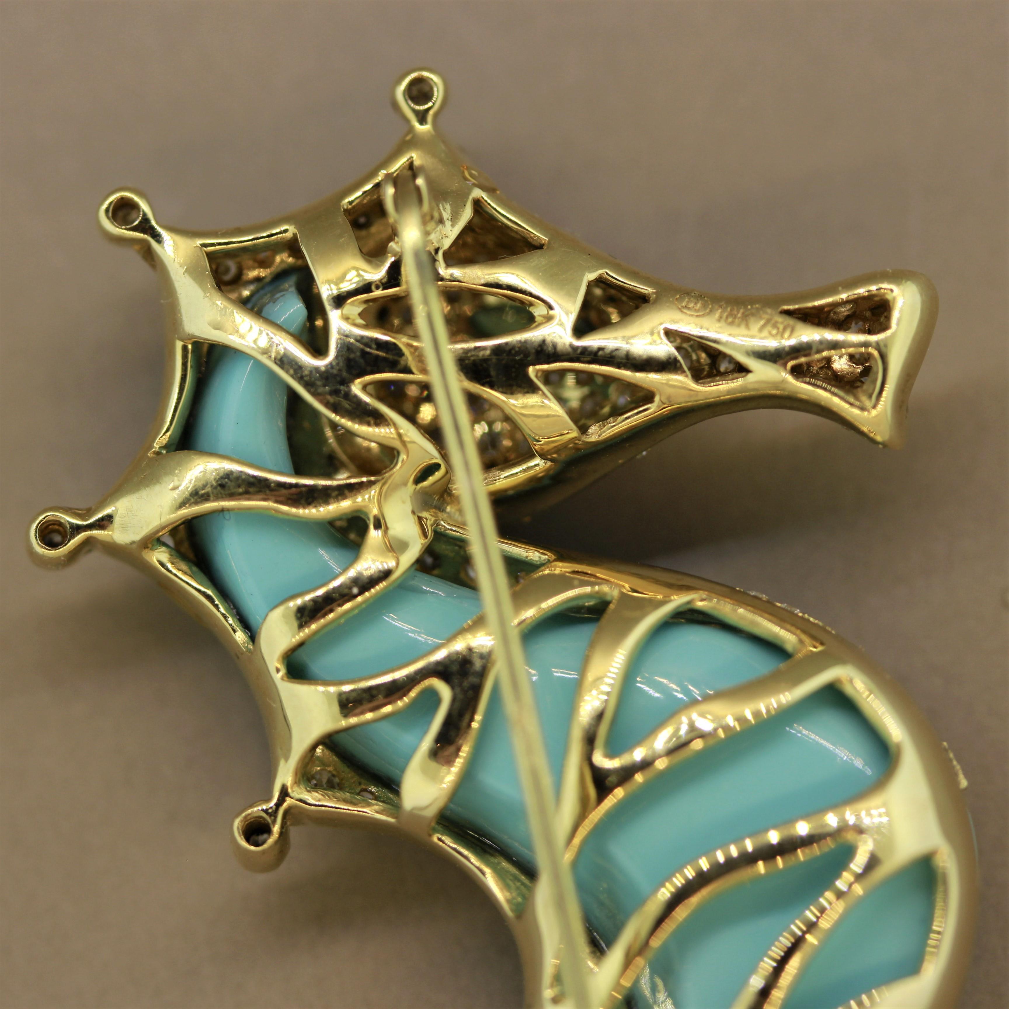 Round Cut Diamond Turquoise Peridot Gold Seahorse Brooch