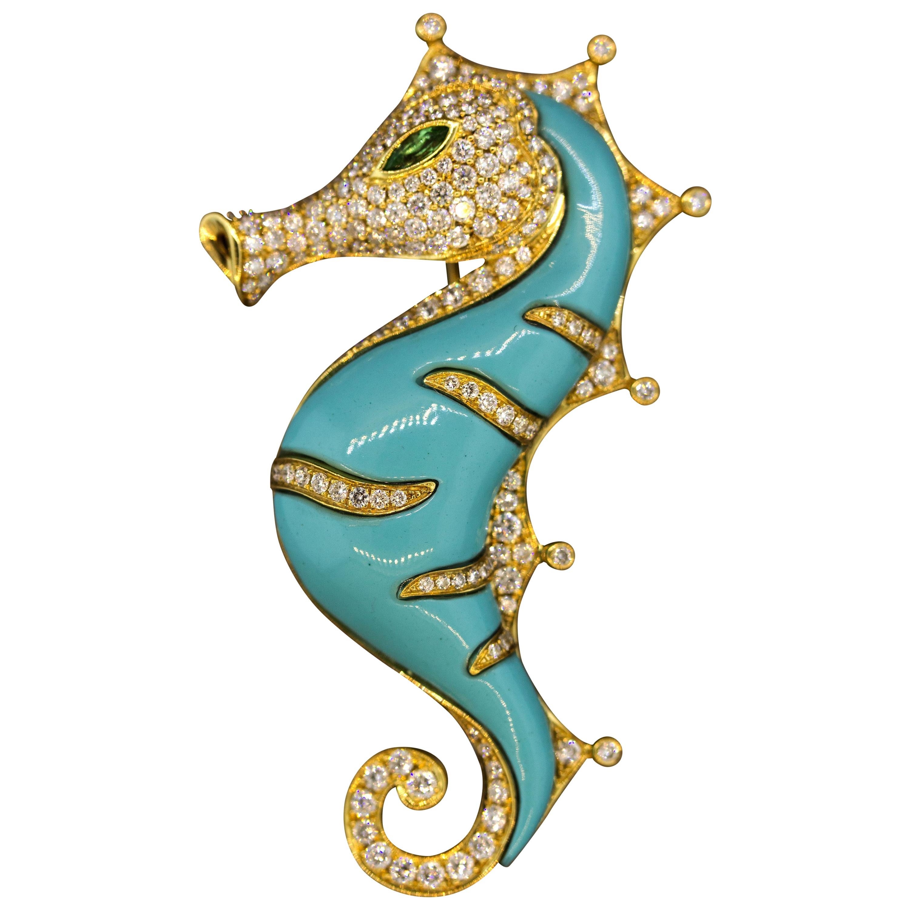 Diamond Turquoise Peridot Gold Seahorse Brooch