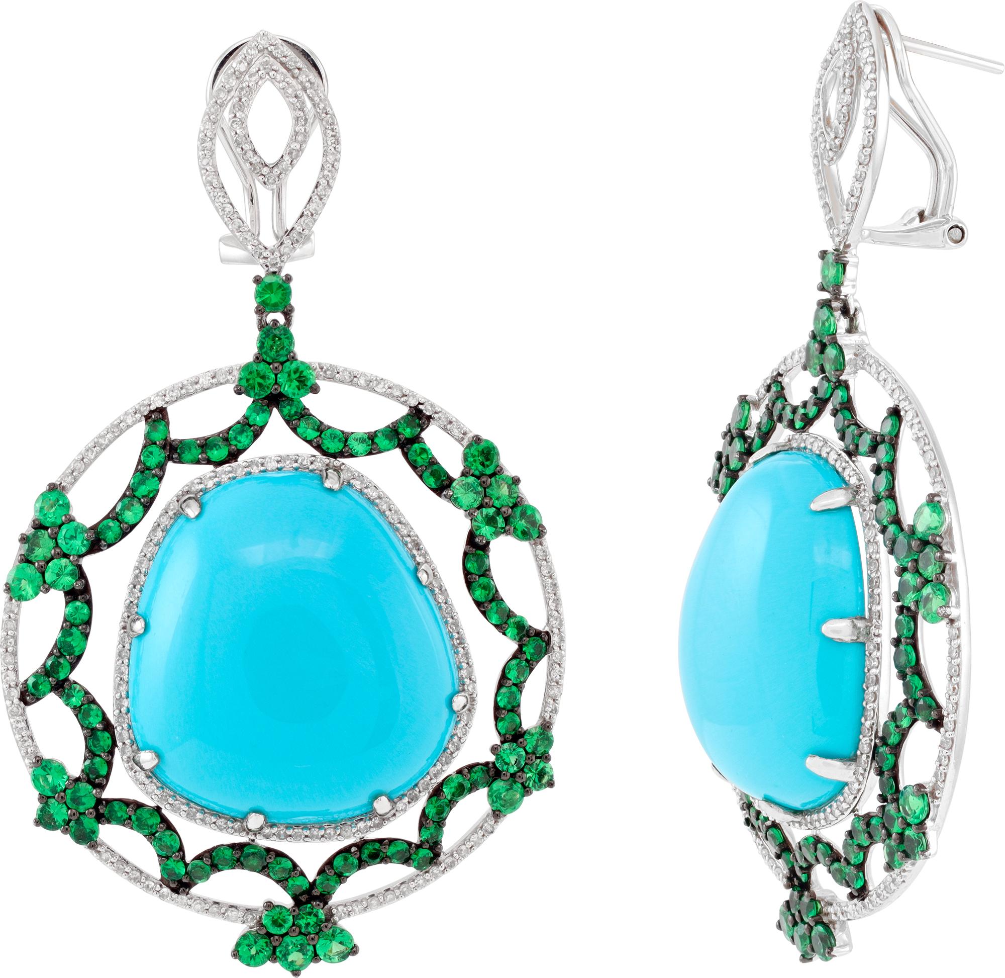 Orecchini con diamante, turchese e peridoto in oro bianco In condizioni ottime in vendita a Surfside, FL