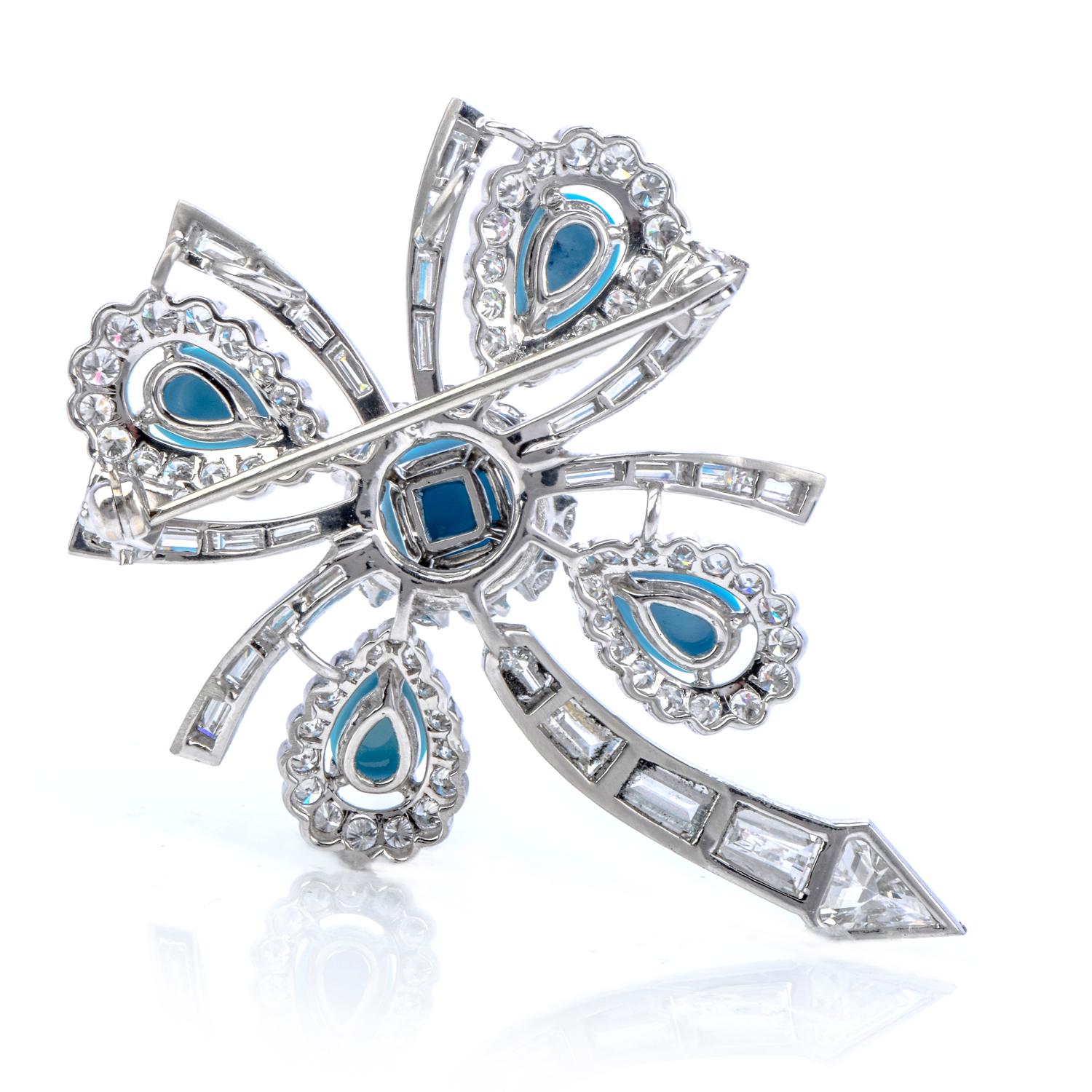 Wear a piece of pure charm with this delightful vintage Diamond Turquoise Platinum Cabochon Flower Brooch Pin! 

This piece is crafted in luxurious platinum and is inspired by a unique flower design.  There are four genuine  Persian turquoise of
