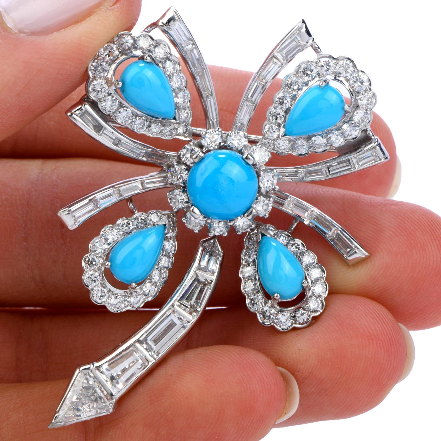 Retro Diamond Turquoise Platinum Cabochon Flower Brooch Pin Pendant