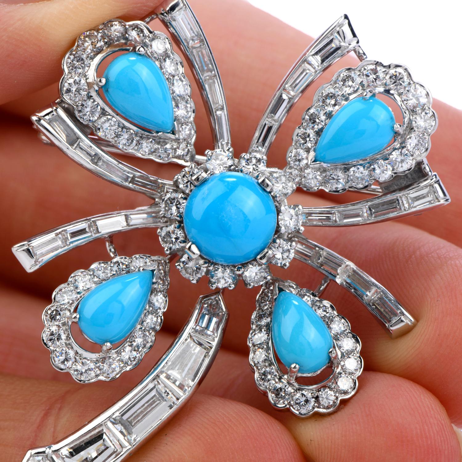 Diamond Turquoise Platinum Cabochon Flower Brooch Pin Pendant In Excellent Condition In Miami, FL