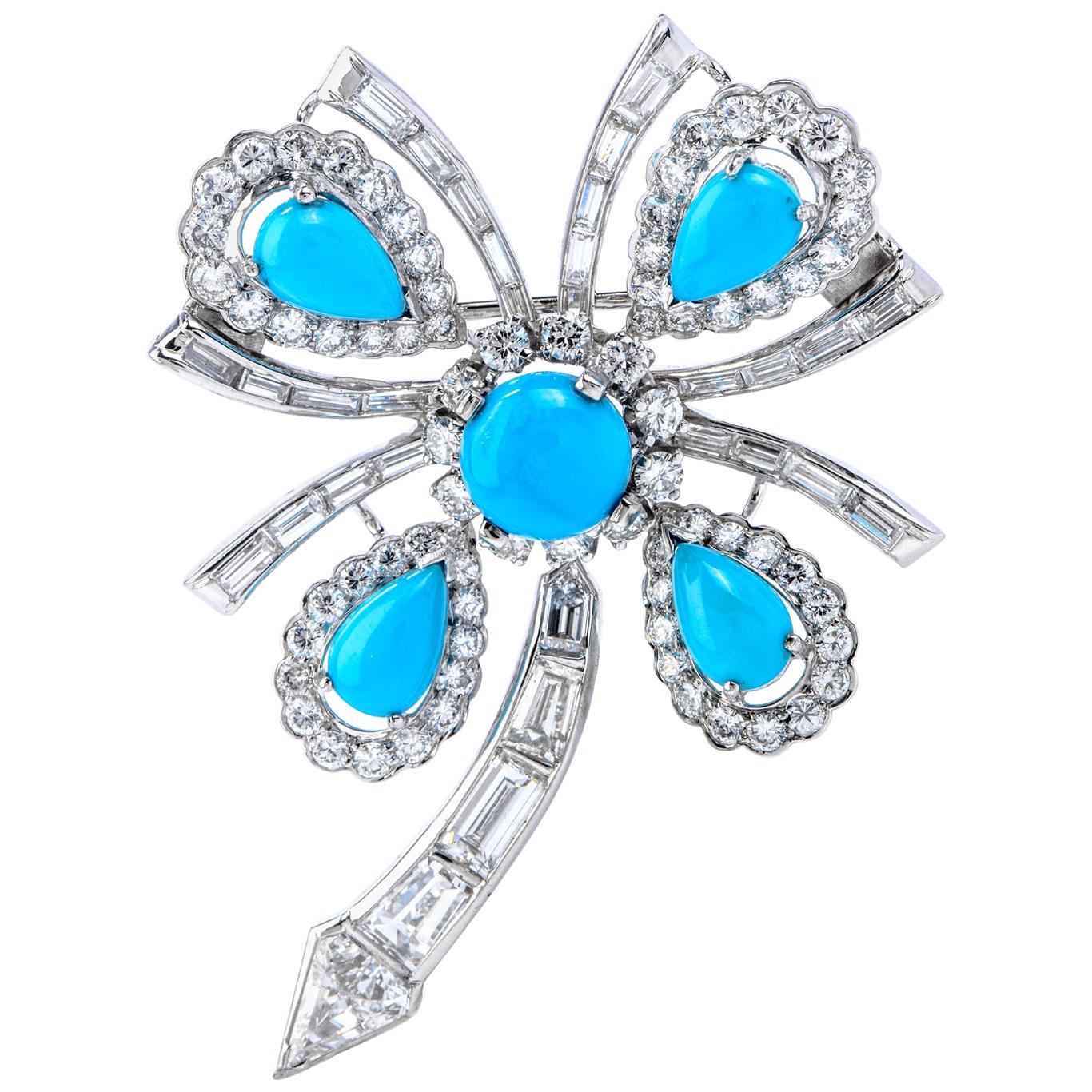 Diamond Turquoise Platinum Cabochon Flower Brooch Pin Pendant