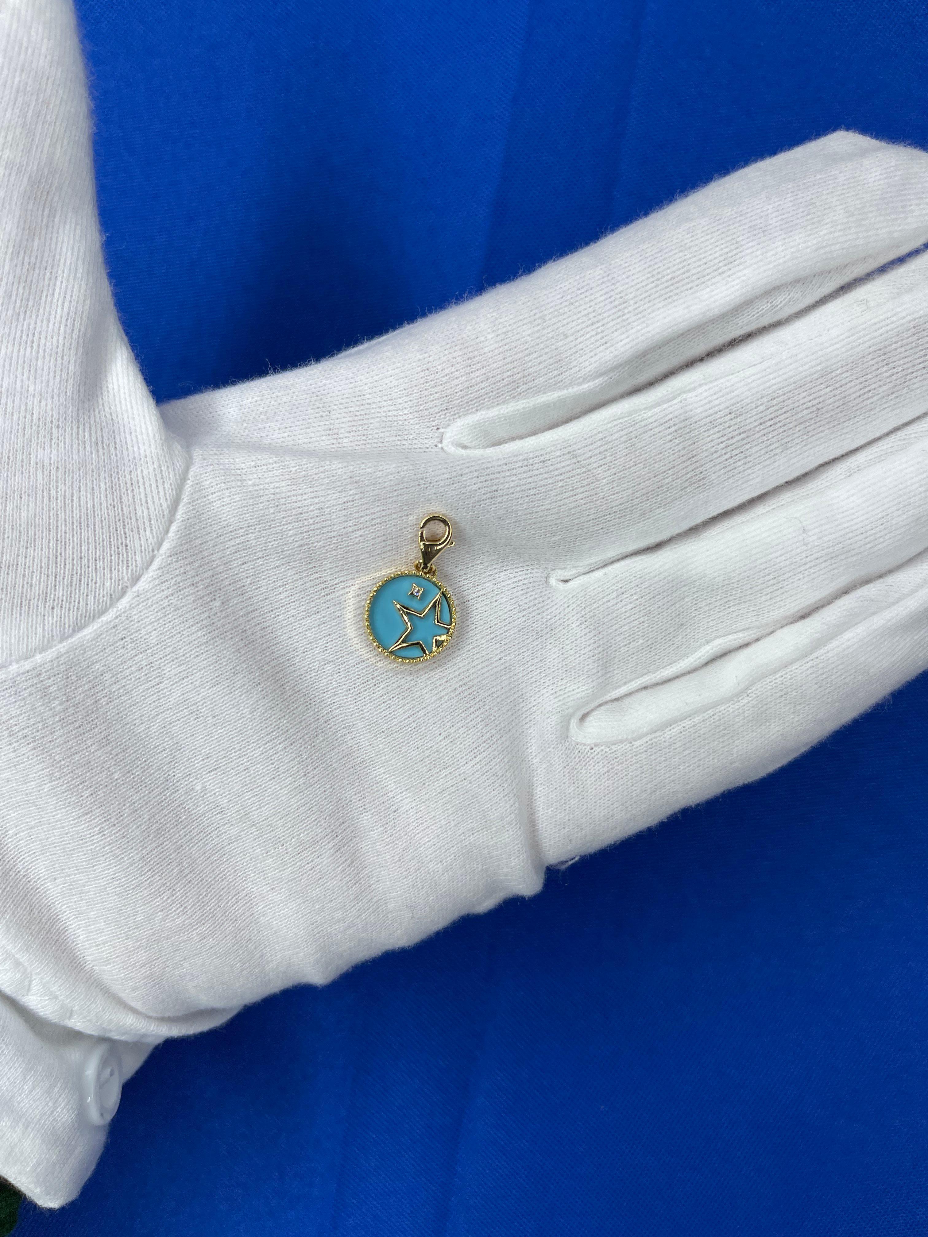 Diamond Teal Turquoise Shooting Star Celestial Sky Gold Medallion Charm Pendant For Sale 5