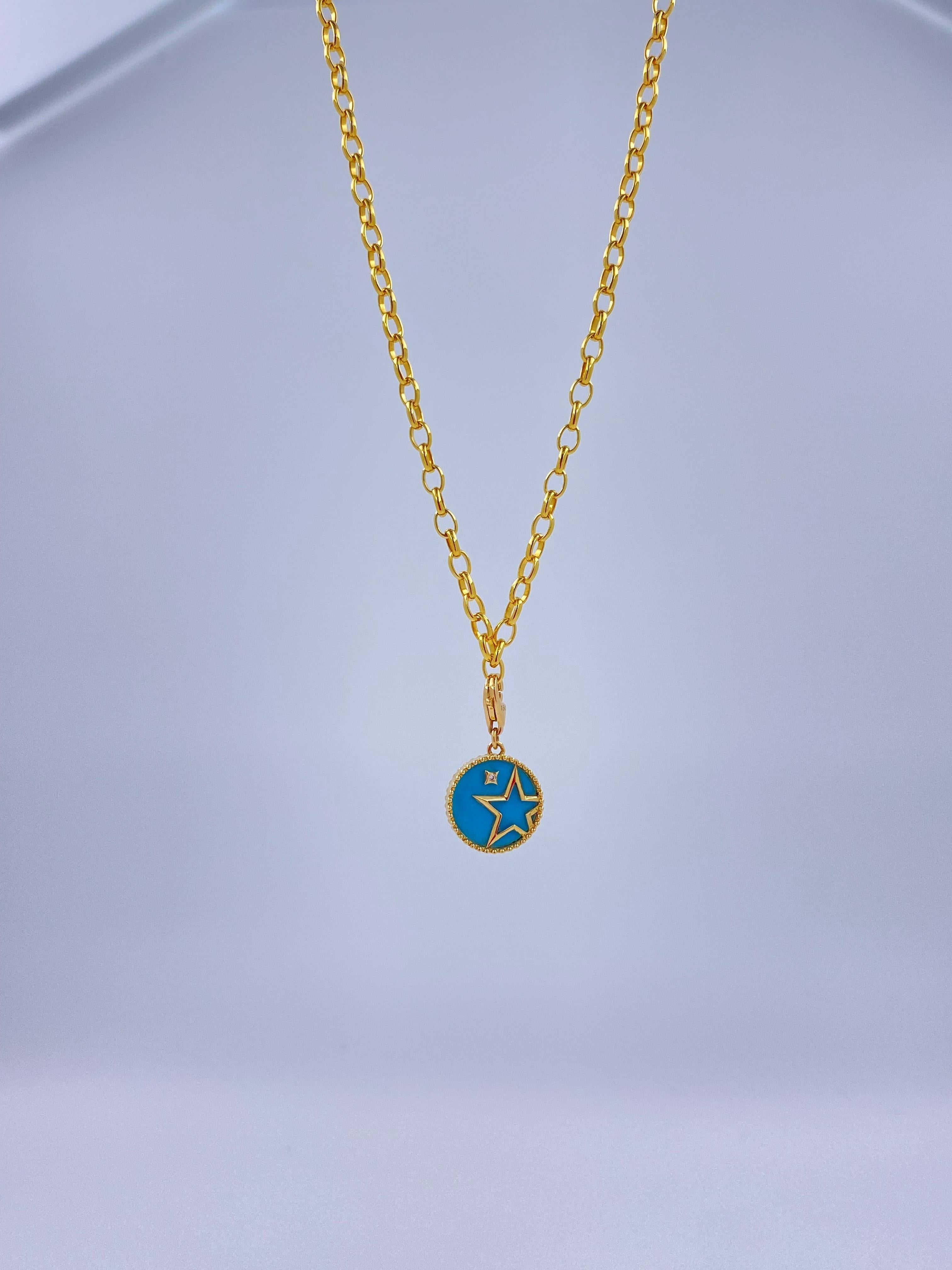 Modern Diamond Teal Turquoise Shooting Star Celestial Sky Gold Medallion Charm Pendant