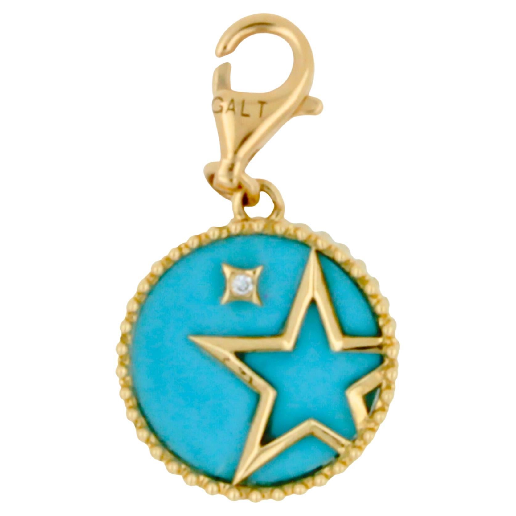 Diamond Teal Turquoise Shooting Star Celestial Sky Gold Medallion Charm Pendant