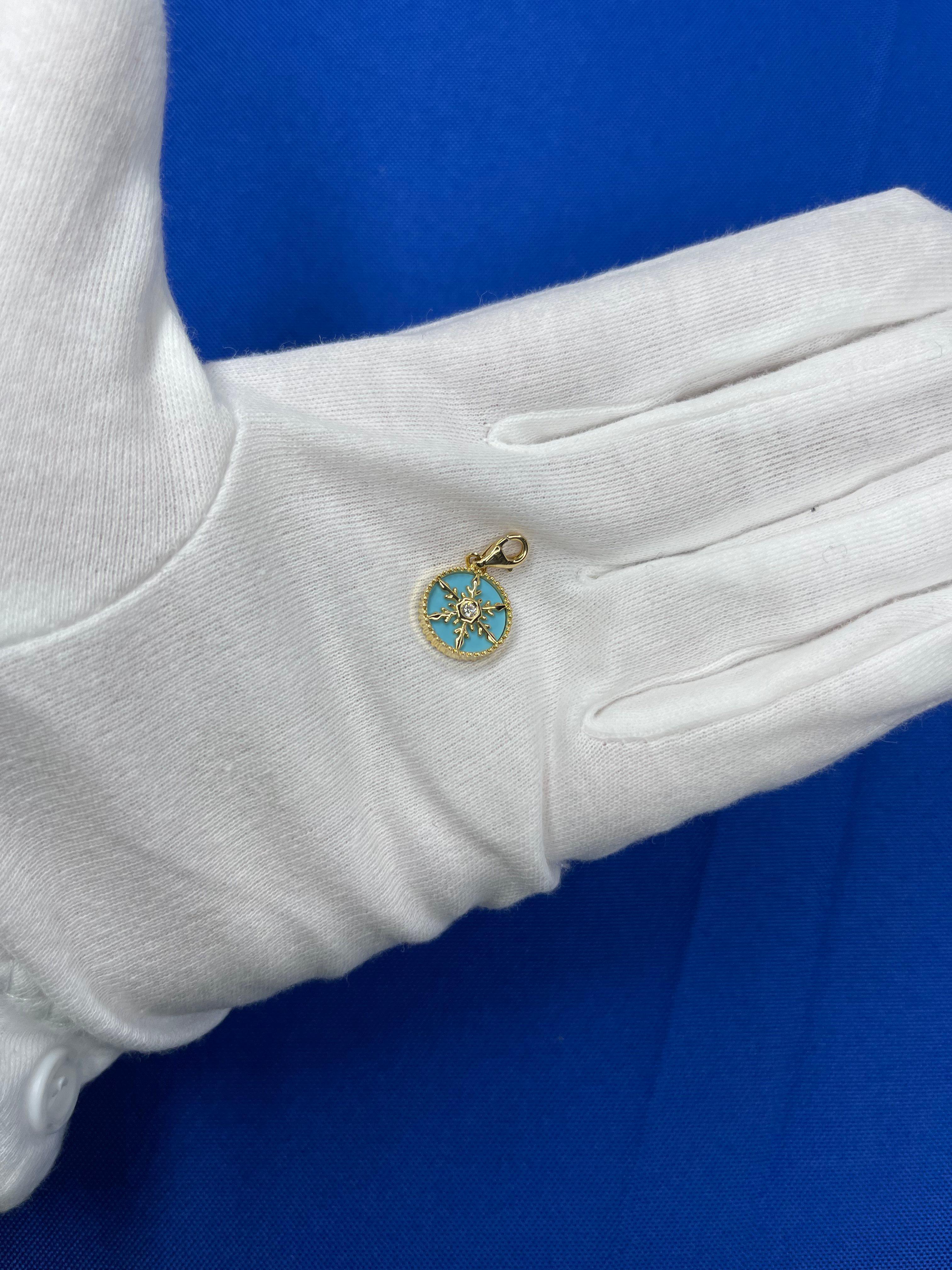 Women's or Men's Diamond Teal Turquoise Snowflake Winter Ice Yellow Gold Medallion Charm Pendant