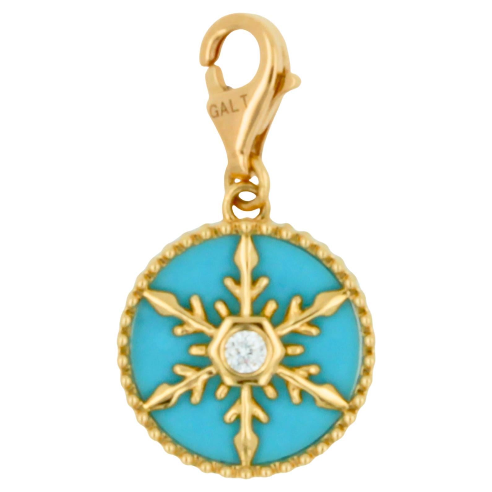Diamond Teal Turquoise Snowflake Winter Ice Yellow Gold Medallion Charm Pendant For Sale