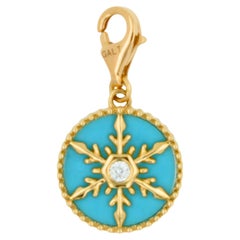 Diamond Teal Turquoise Snowflake Winter Ice Yellow Gold Medallion Charm Pendant