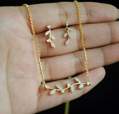 Diamond Twig Leaf Necklace and Earrings Set 14k Solid Gold Bar 14"
