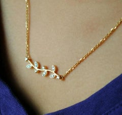 Diamond Twig Leaf Necklace and Earrings Set 14k Solid Gold Bar 18"