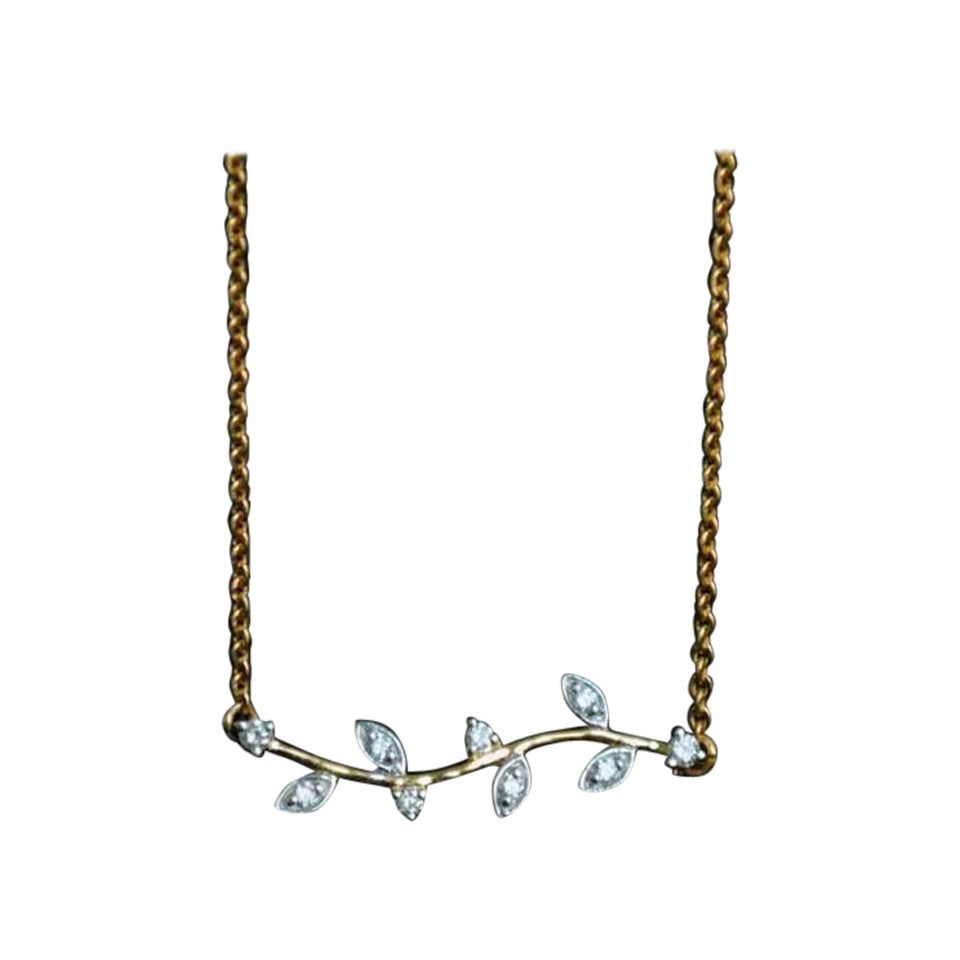 Diamond Twig Leaf Necklace and Earrings Set 14k Solid Gold Bar 18"