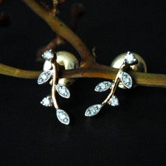 Diamond Twig Leaf Necklace Set in 14K Gold with Matching Earrings Unique Gift.