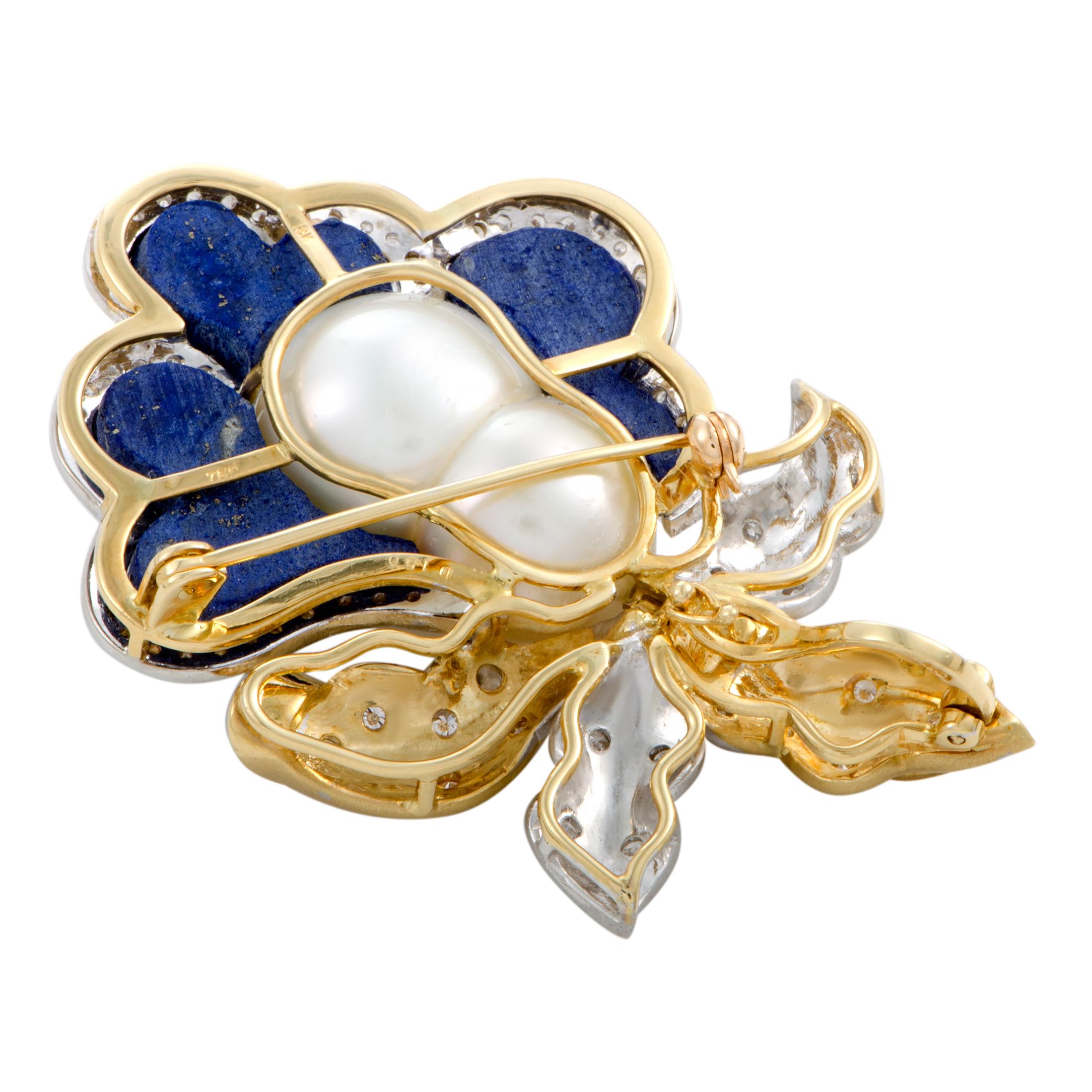 Diamond Twin Pearl and Lapis Large Flower Yellow and White Gold Pendant/Brooch In Excellent Condition In Southampton, PA