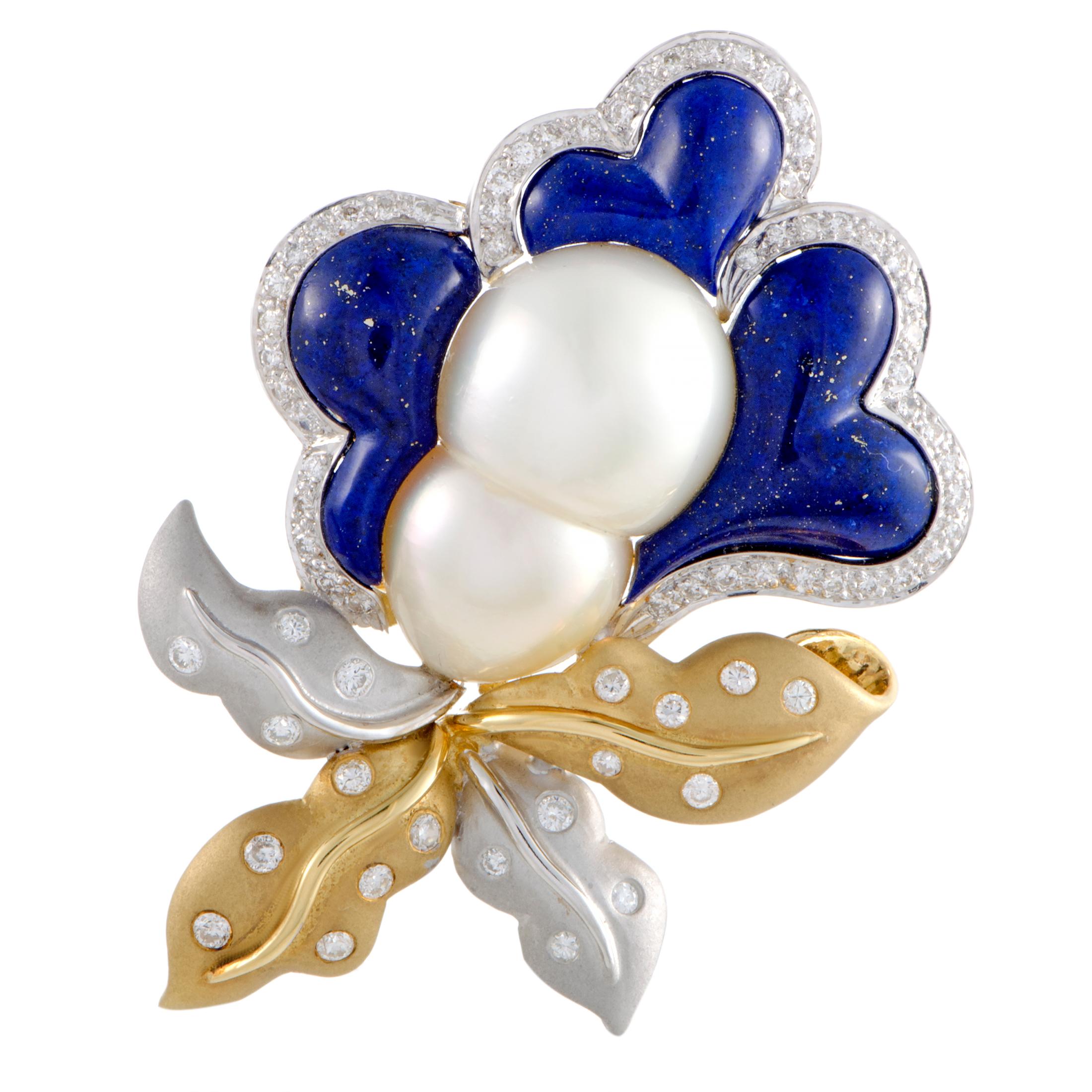 Diamond Twin Pearl and Lapis Large Flower Yellow and White Gold Pendant/Brooch