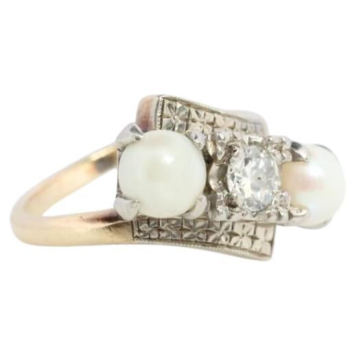 Diamond Twin Pearl ring. 14k Ever Us bypass ring.