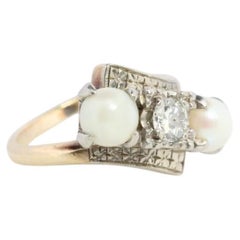 Diamond Twin Pearl ring. 14k Ever Us bypass ring.