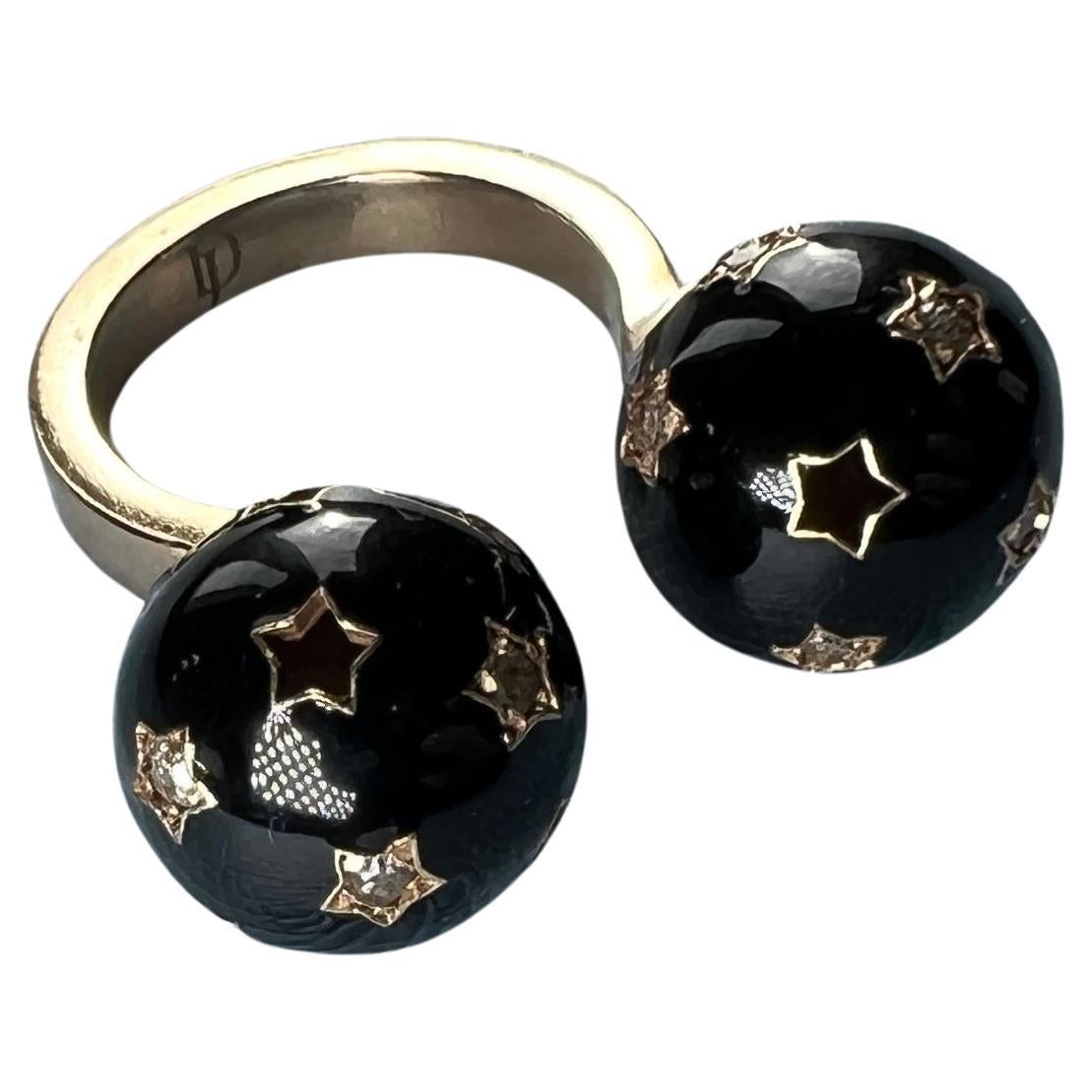 Diamond Twin Sphere Black Enamel Ring 

Ring with black Enamel, inspired by Victorian Age, Memento Mori

Designer: J Dauphin

Style: Panim el Panim

The sphere as a symbol often represents completeness, wholeness, and unity. Its perfect round shape,