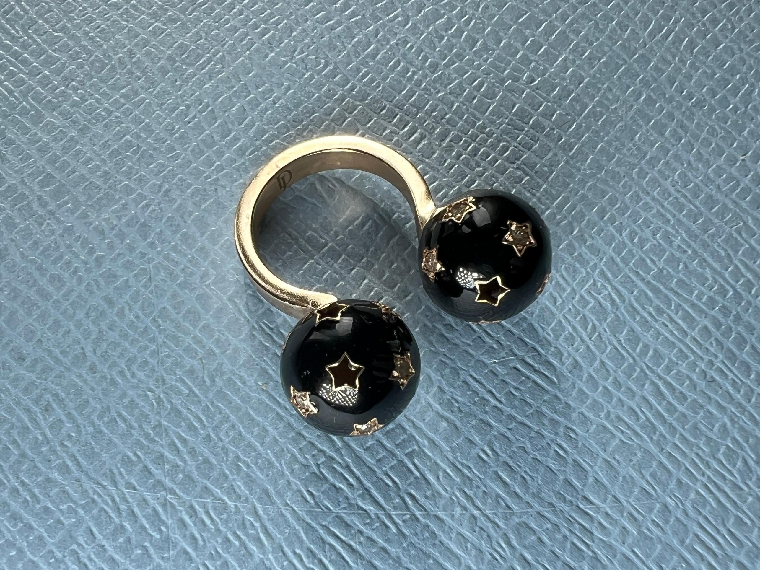 Victorian Diamond Twin Sphere Black Enamel Ring For Sale