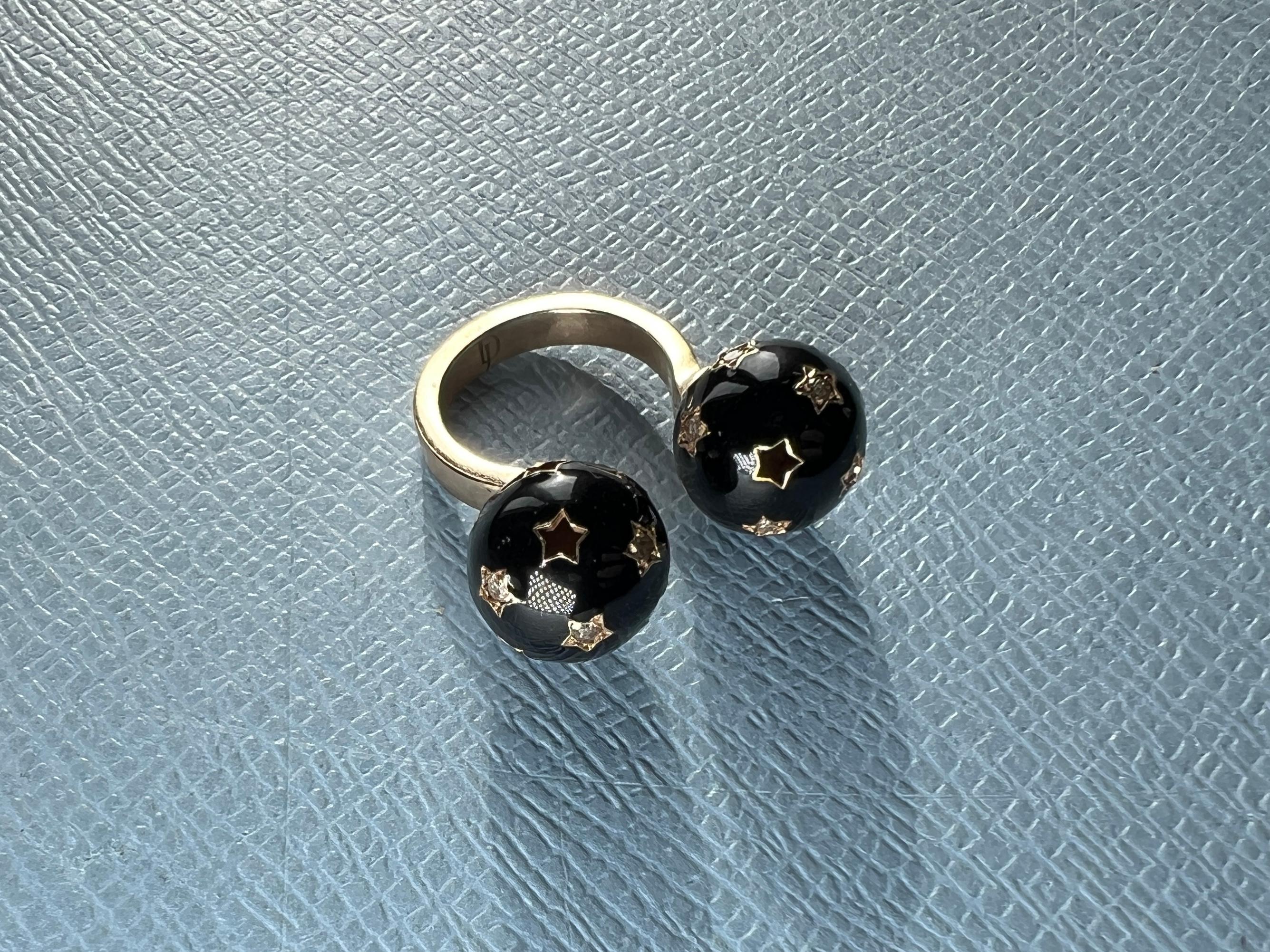 Single Cut Diamond Twin Sphere Black Enamel Ring For Sale
