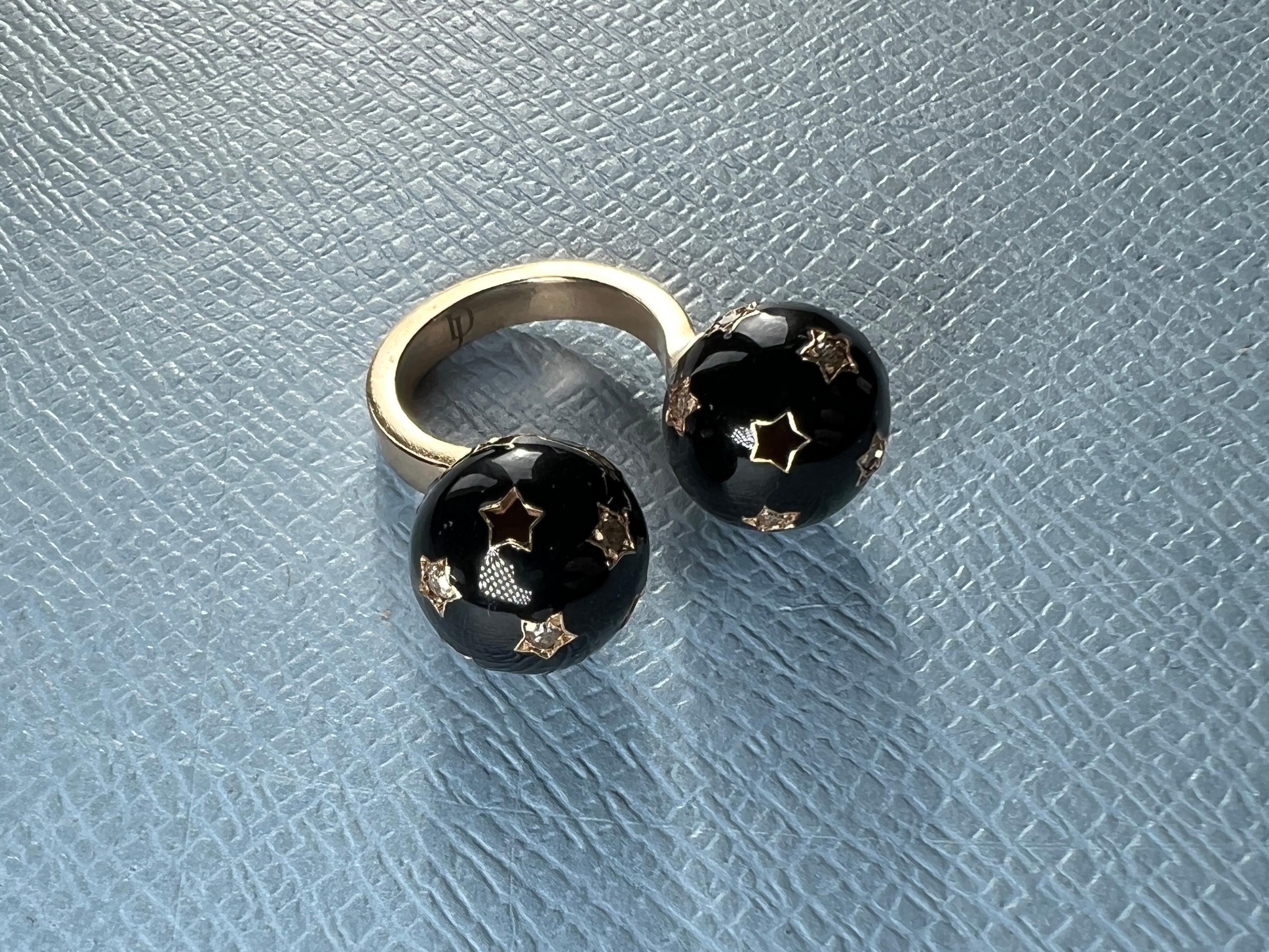 Women's Diamond Twin Sphere Black Enamel Ring For Sale