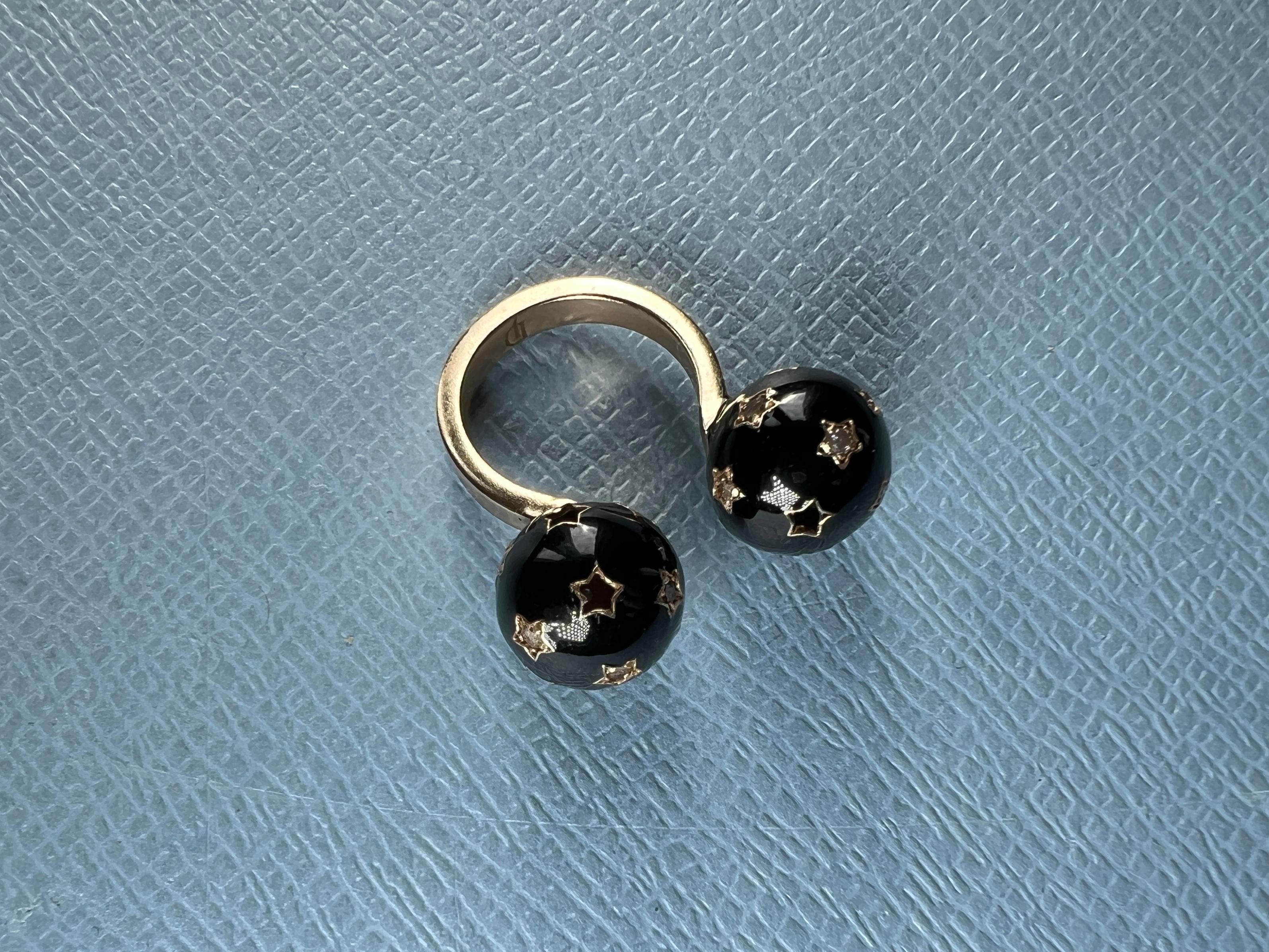 Diamond Twin Sphere Black Enamel Ring For Sale 1