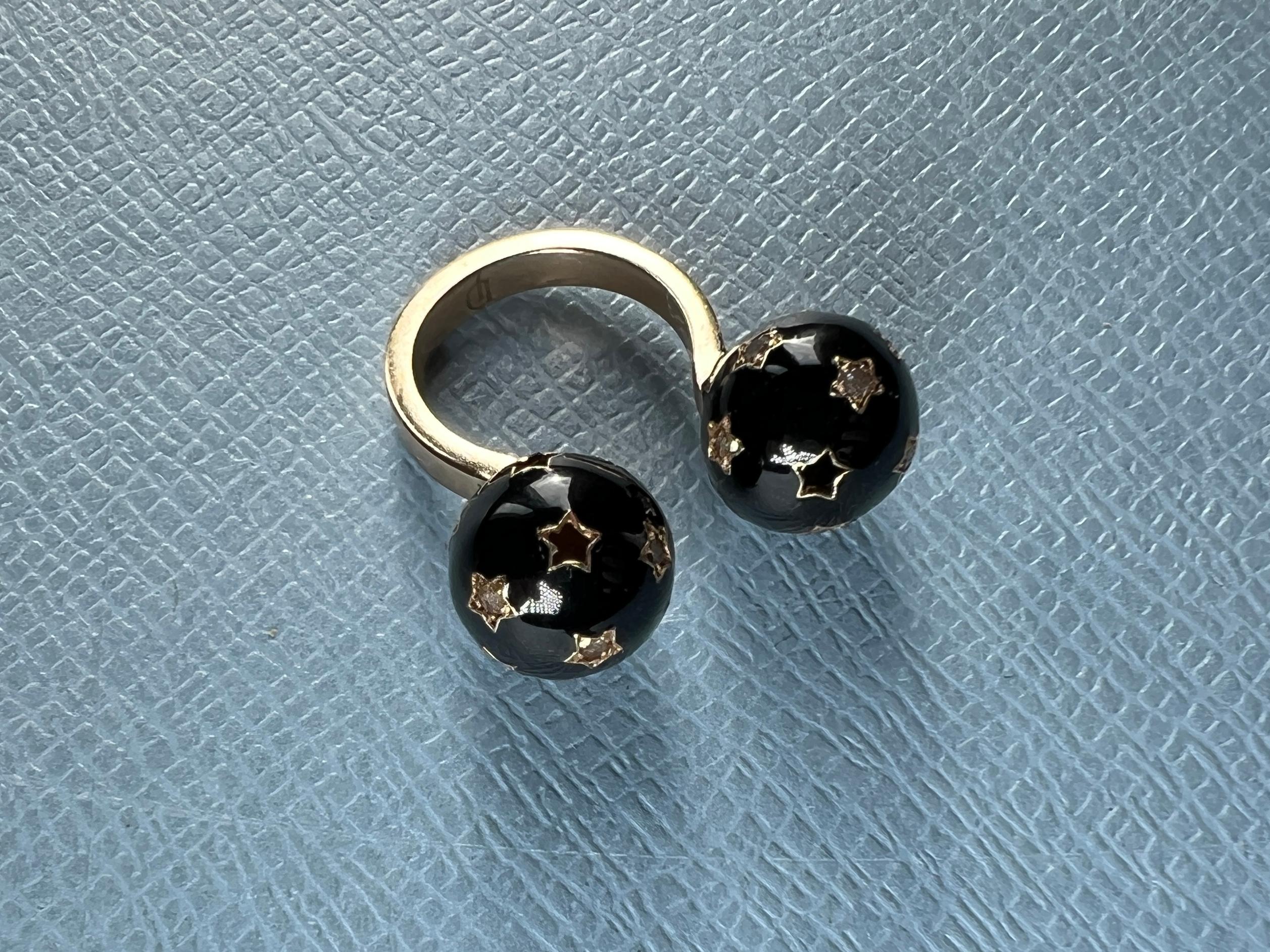 Diamond Twin Sphere Black Enamel Ring For Sale 2