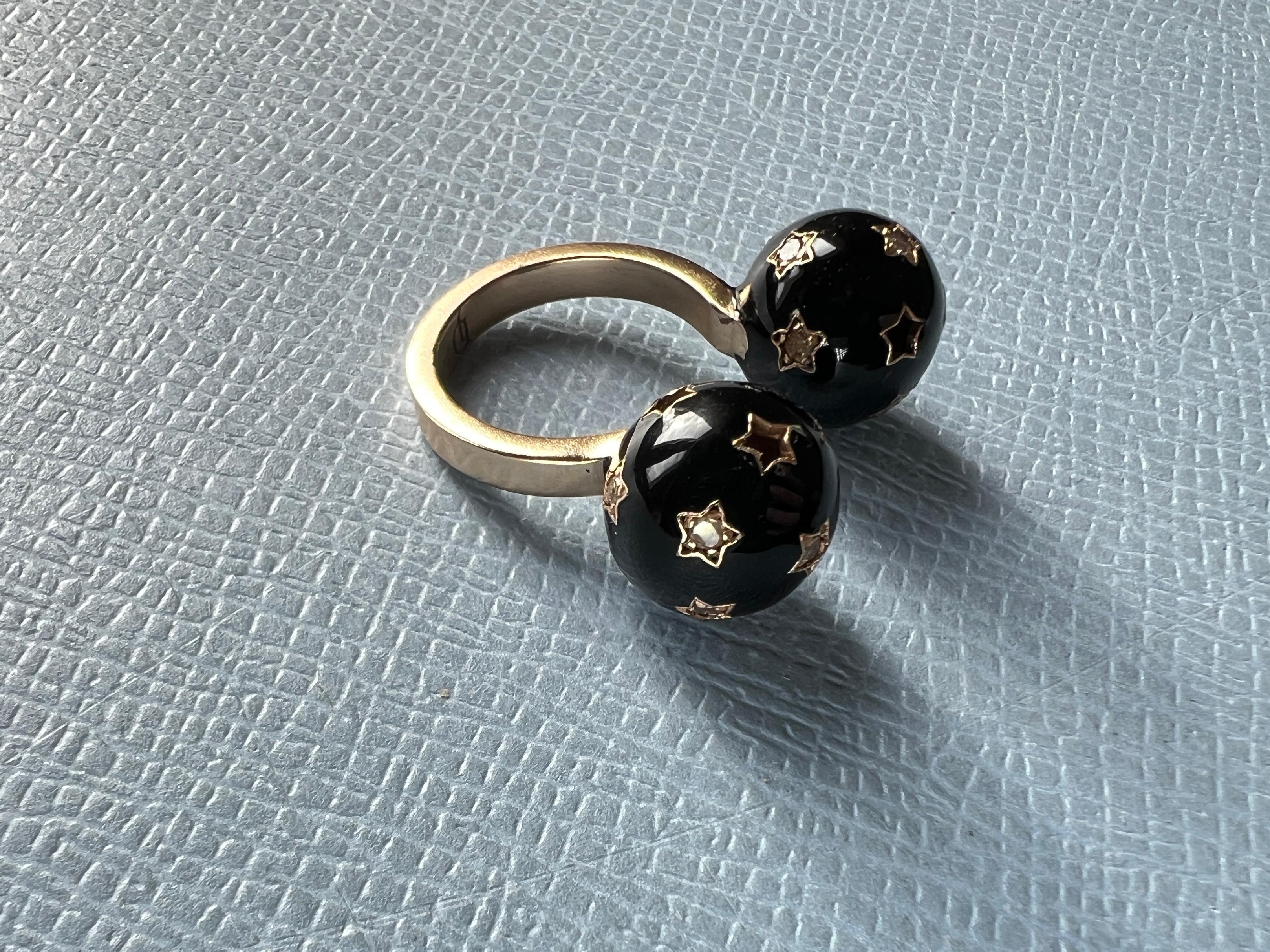 Diamond Twin Sphere Black Enamel Ring For Sale 3