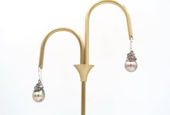 Diamond Twirl Tahitian Pearl Drop French Hook 18 Karat Gold Earrings