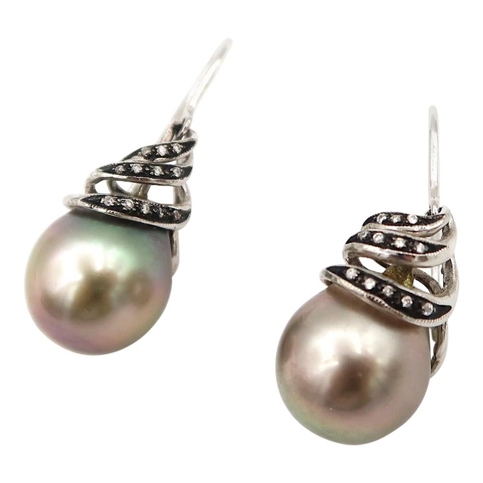 Diamond Twirl Tahitian Pearl Drop French Hook 18 Karat Gold Earrings