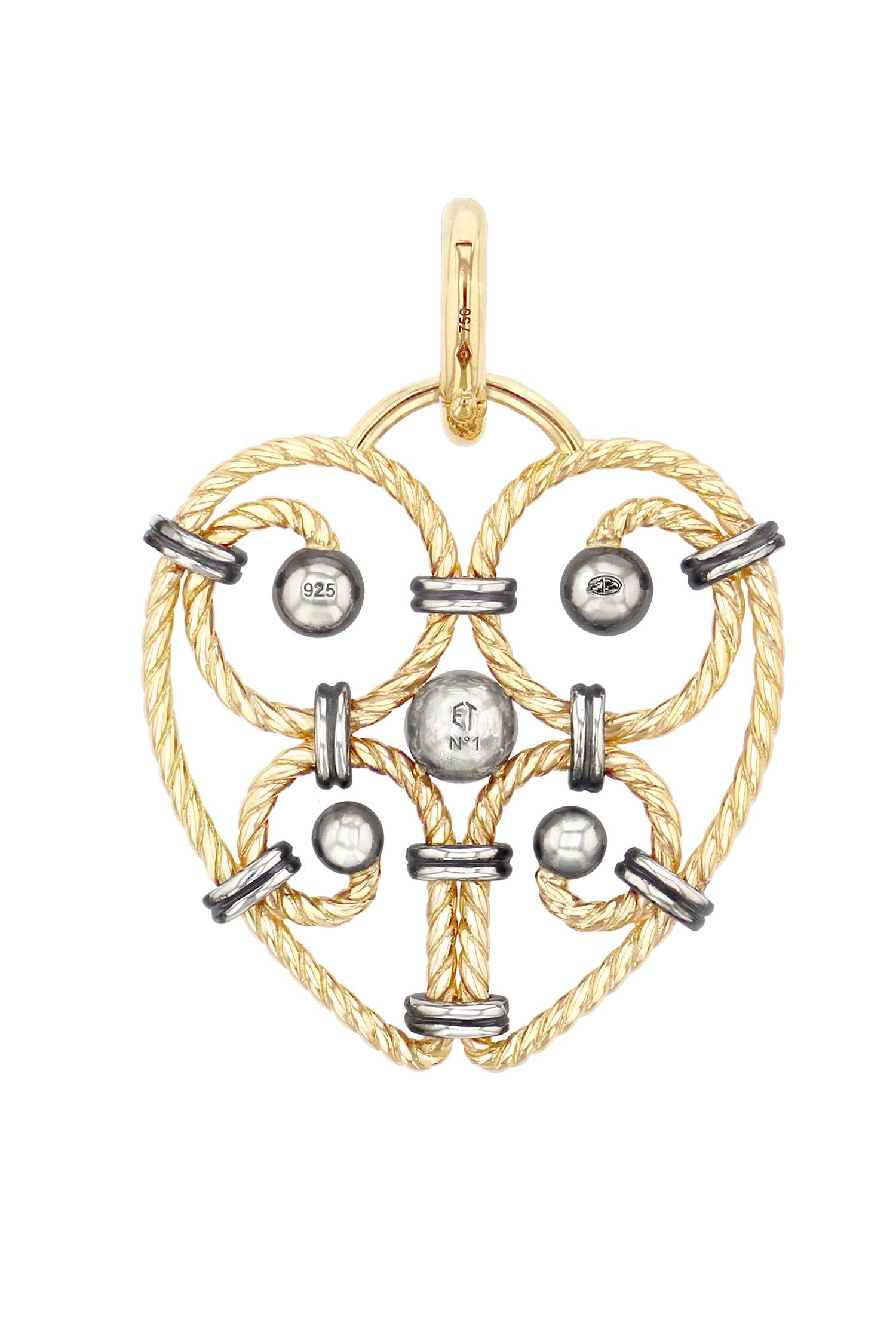 Cœur charm, gold serpentine twist punctuated with distressed silver balls set with a diamond and held by a set of distressed silver rings. Openable gold bail. 

Sold without chain.

Available with chain on request. 

Details: 
GHVS Diamonds: 0.26