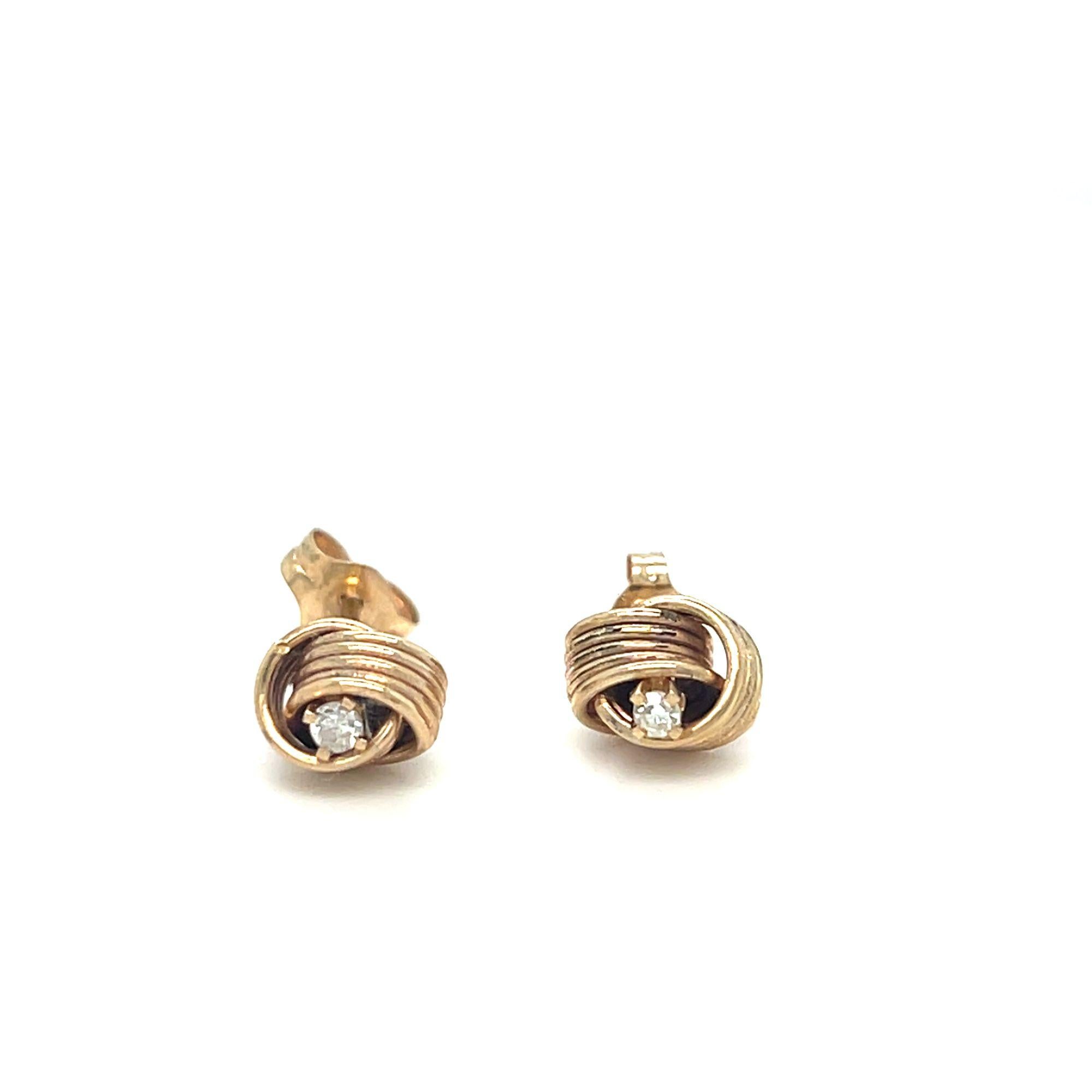 Diamond Twist Love Knot Stud Earrings 14k Yellow Gold In Excellent Condition For Sale In beverly hills, CA