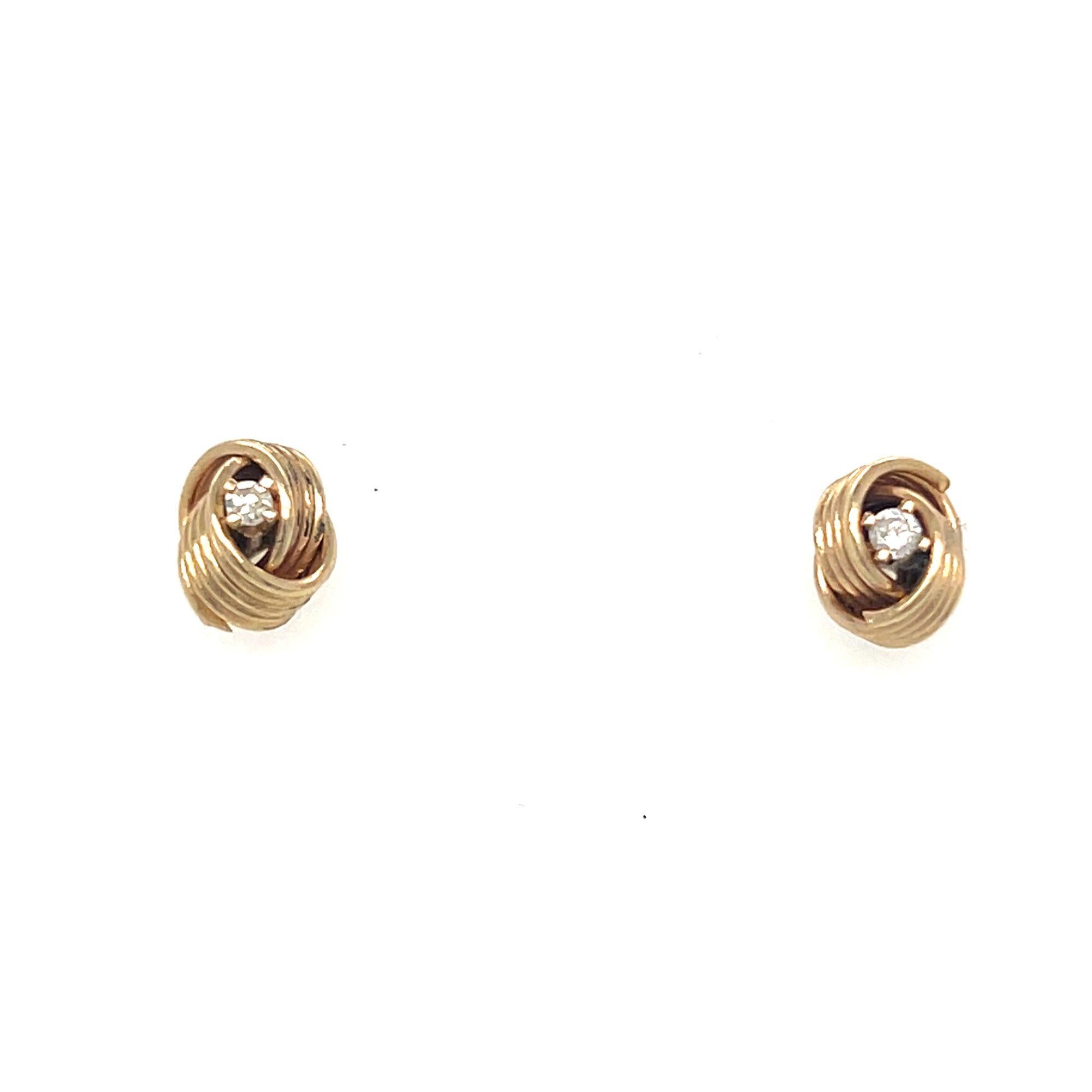 Women's or Men's Diamond Twist Love Knot Stud Earrings 14k Yellow Gold For Sale